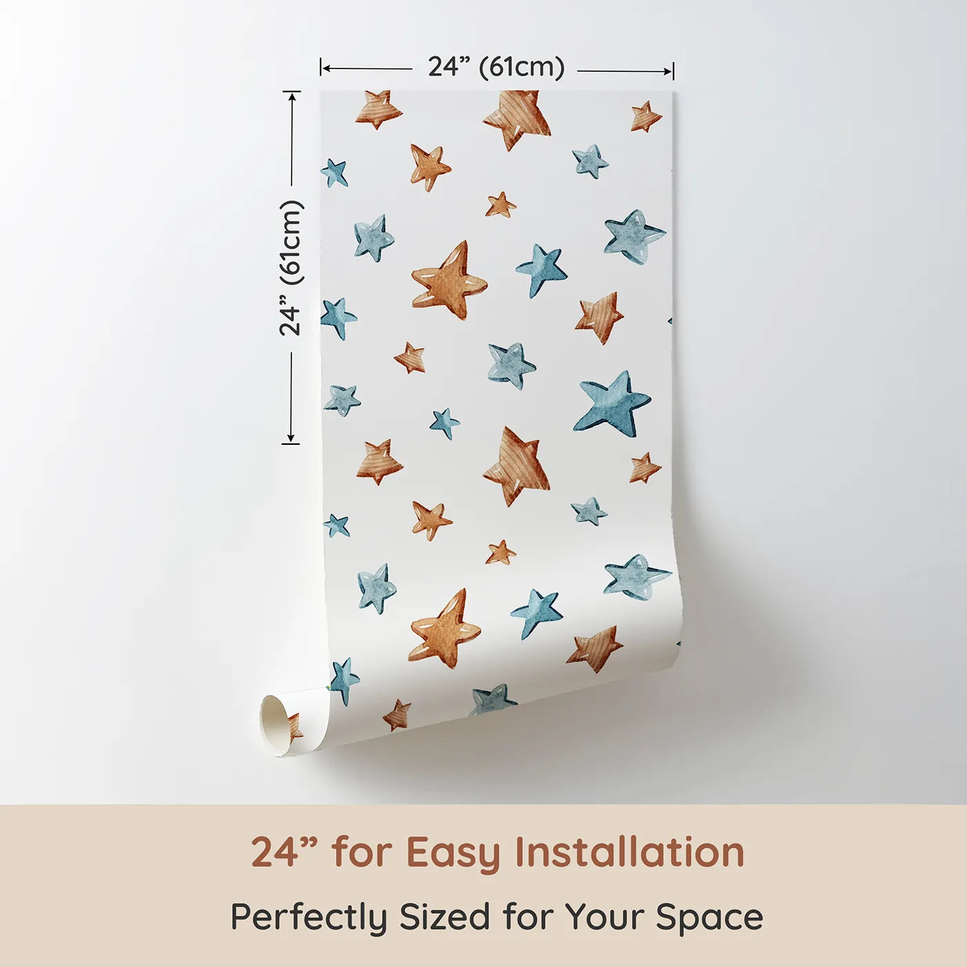 Dimension view of Whimsy Tots Starry Drift Wallpaper in White (W3341A). Printed in 24-inch-wide panel for easy installation. Blue and brown watercolor stars drift across a peaceful white sky.