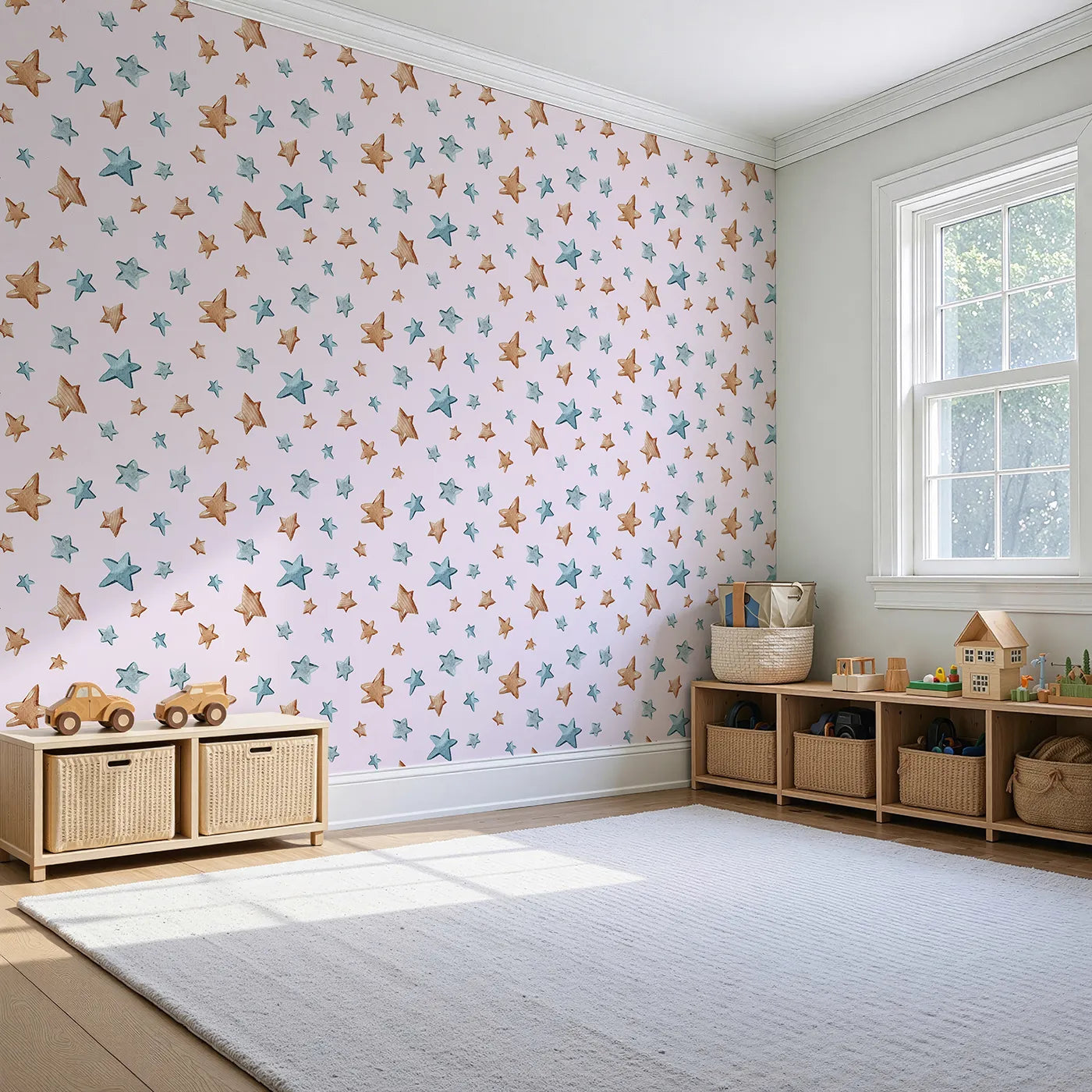 Angled view of Whimsy Tots' Starry Drift Wallpaper in Pink (W3341B).Blue and brown watercolor stars twinkle gently over soft pink skies.