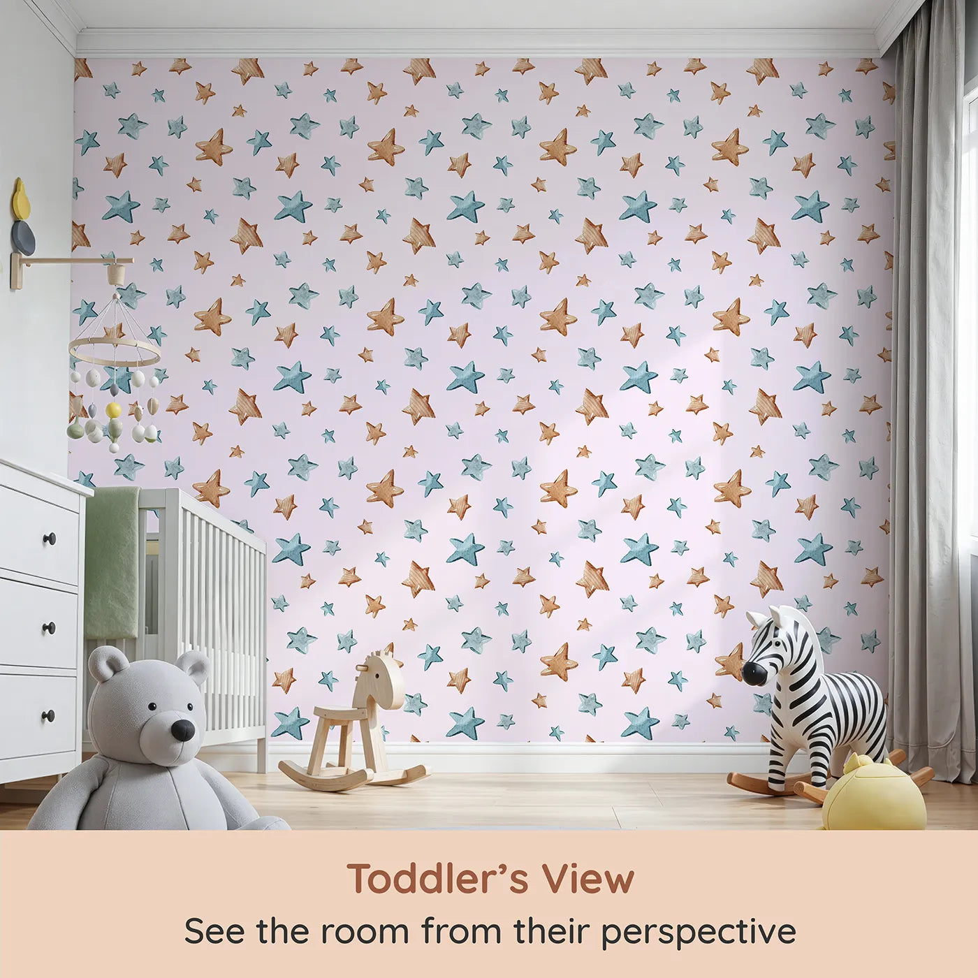 Whimsy Tots Starry Drift Wallpaper in Pink (W3341B) from your child's view.Blue and brown watercolor stars twinkle gently over soft pink skies.