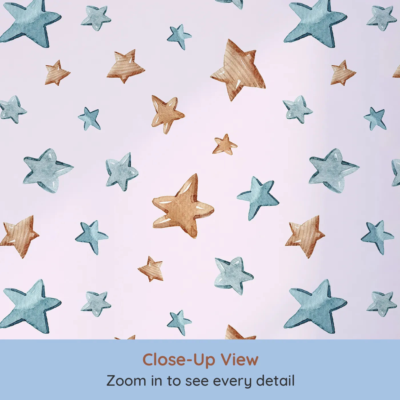 Close-up view of Whimsy Tots' Starry Drift Wallpaper in Pink (W3341B).Blue and brown watercolor stars twinkle gently over soft pink skies.