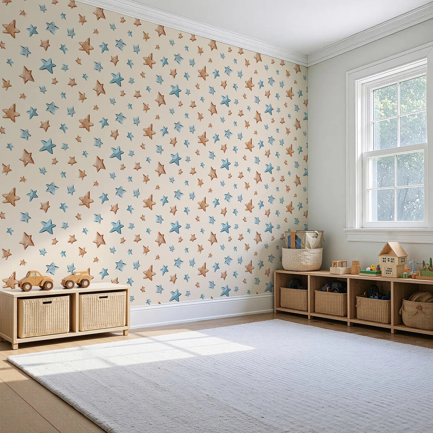 Angled view of Whimsy Tots' Starry Drift Wallpaper in Cream (W3341C).Blue and brown watercolor stars float across a soft cream backdrop.