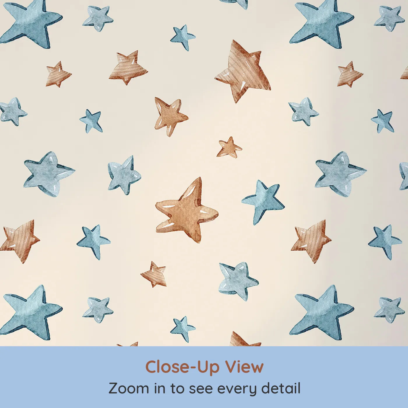 Close-up view of Whimsy Tots' Starry Drift Wallpaper in Cream (W3341C).Blue and brown watercolor stars float across a soft cream backdrop.