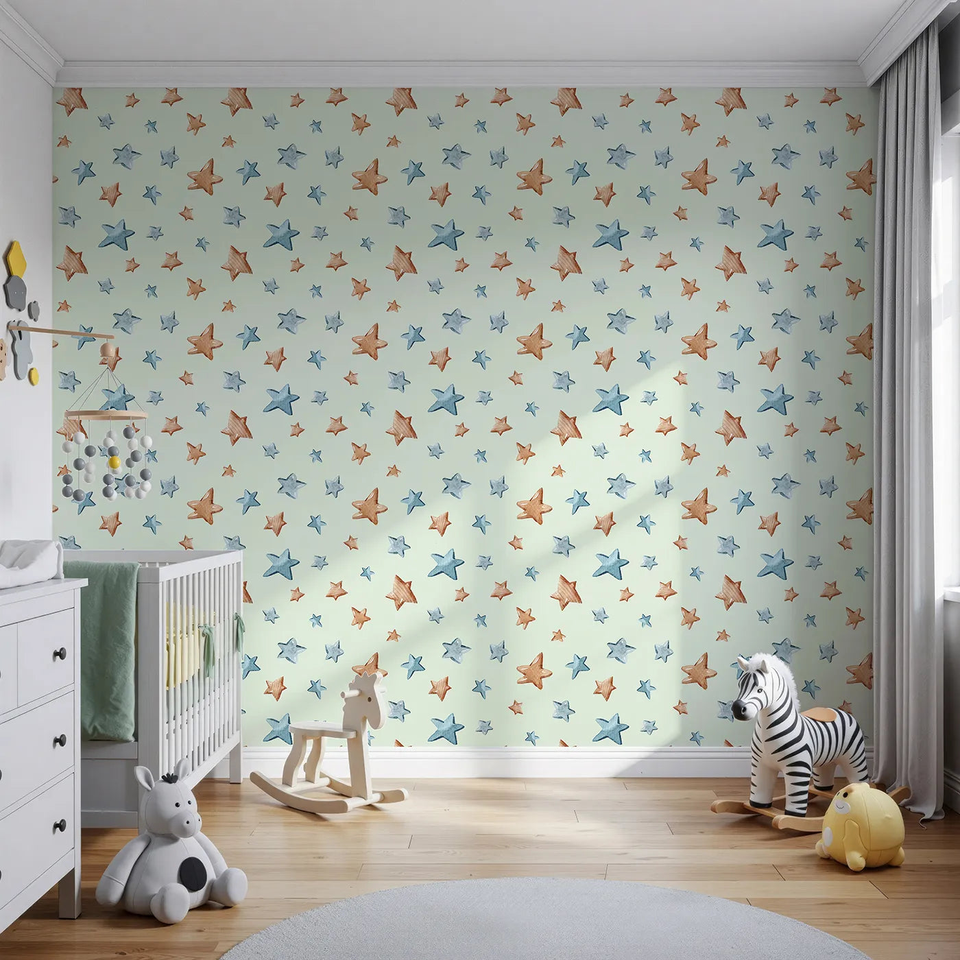 Front view of Whimsy Tots' Starry Drift Wallpaper in Mint Green