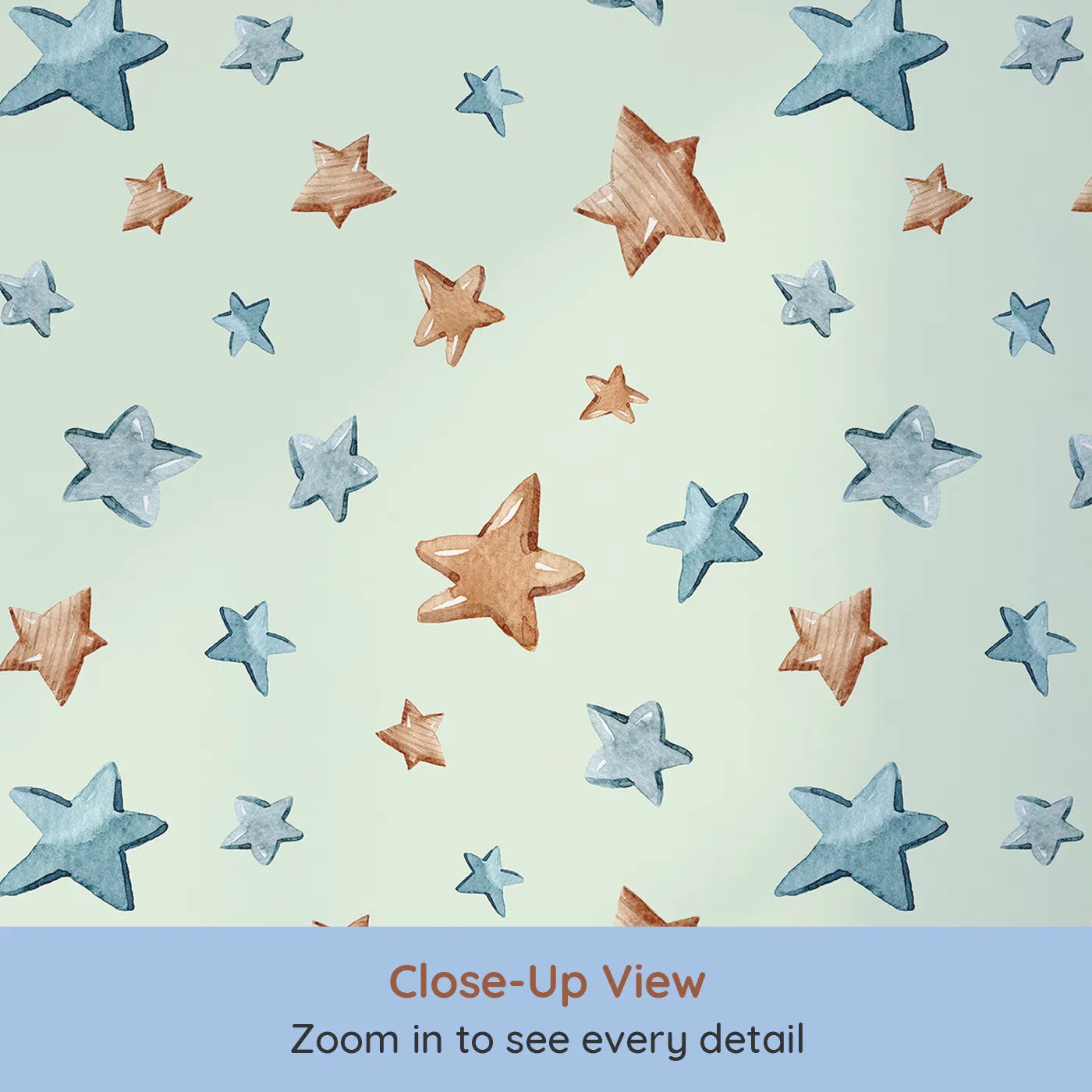 Close-up view of Whimsy Tots' Starry Drift Wallpaper in Mint Green (W3341D).Brown and blue watercolor stars sparkle on fresh mint skies.