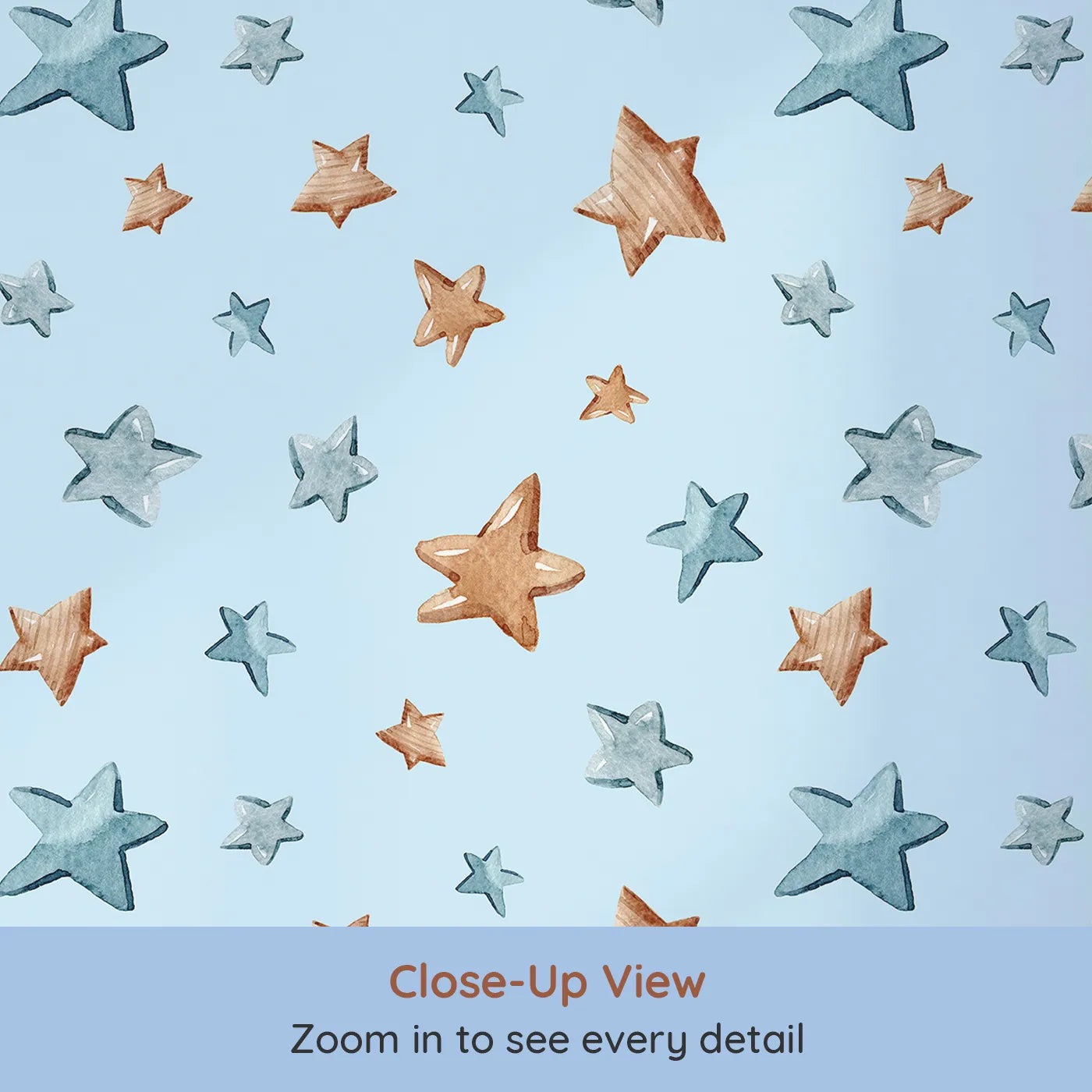 Close-up view of Whimsy Tots' Starry Drift Wallpaper in Blue (W3341E).Brown and blue watercolor stars drift peacefully across powder blue skies.