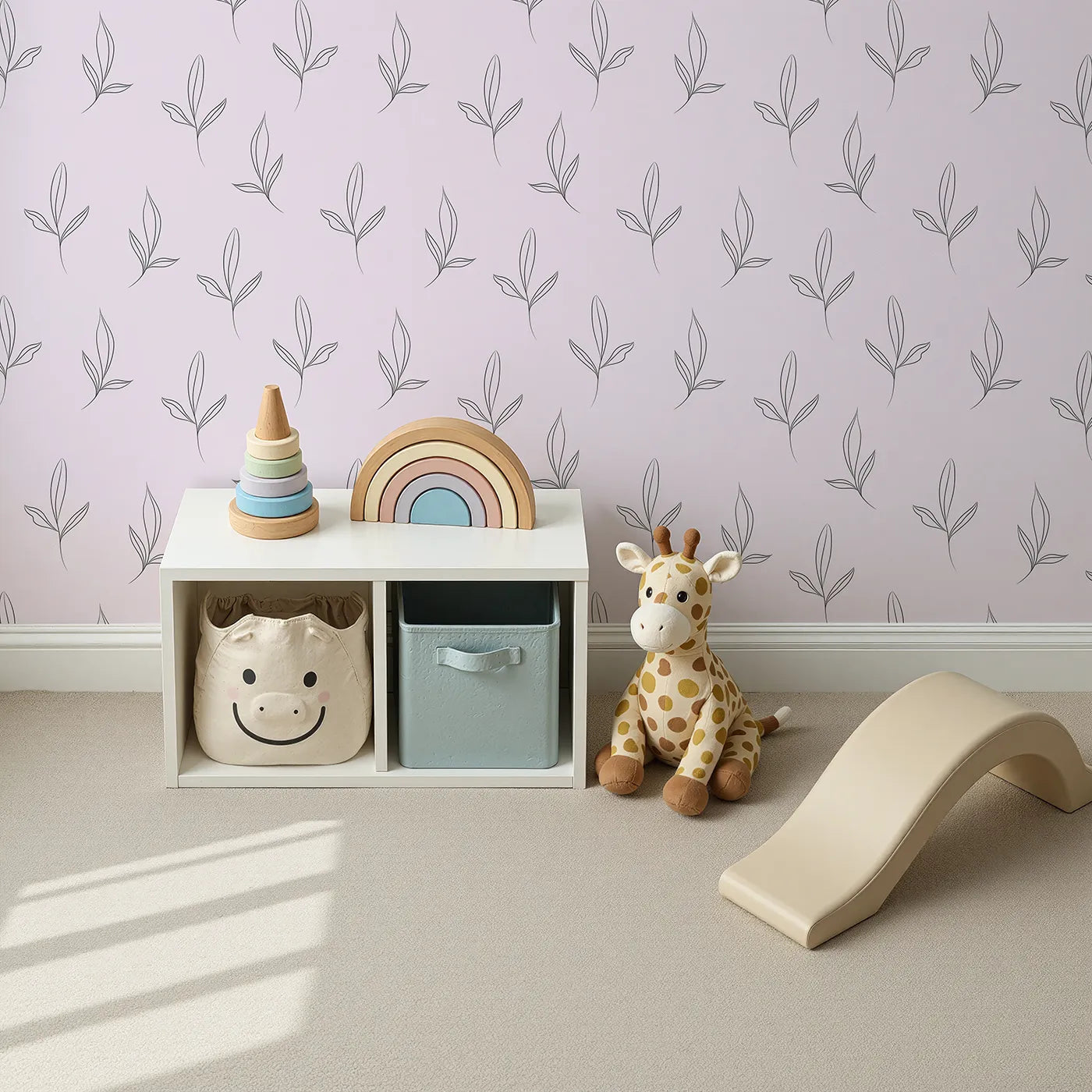 Top-Down view of Whimsy Tots' Line Art Leaflet in Blush Pink (W3342B).Botanical outlines bloom gently against a soft pink sky.