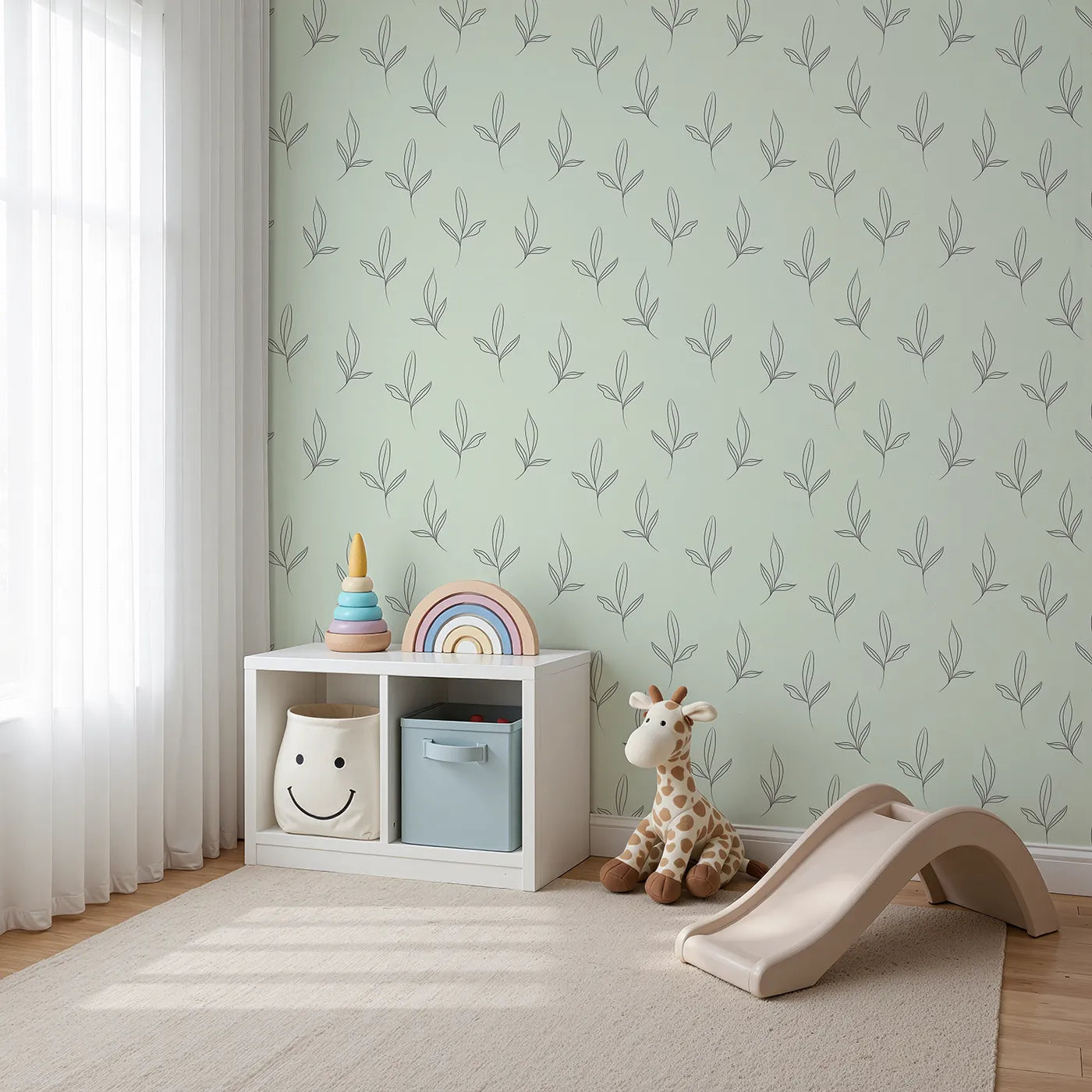 Angled view of Whimsy Tots' Line Art Leaflet in Mint Green (W3342D).Cool mint and fine line leaves create a space for peace and play.