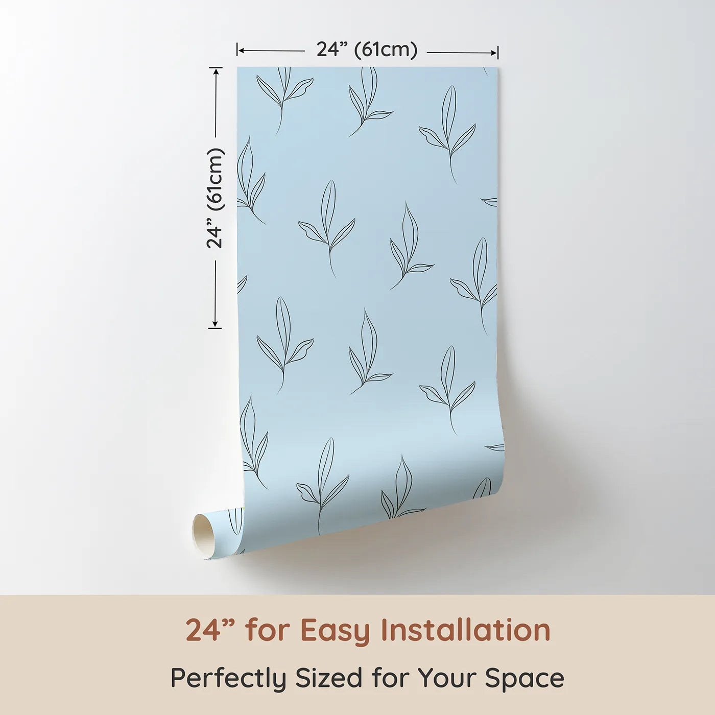 Dimension view of Whimsy Tots Line Art Leaflet in Sky (W3342E). Printed in 24-inch-wide panel for easy installation. Delicate leafy sketches float gently across soft sky blue.