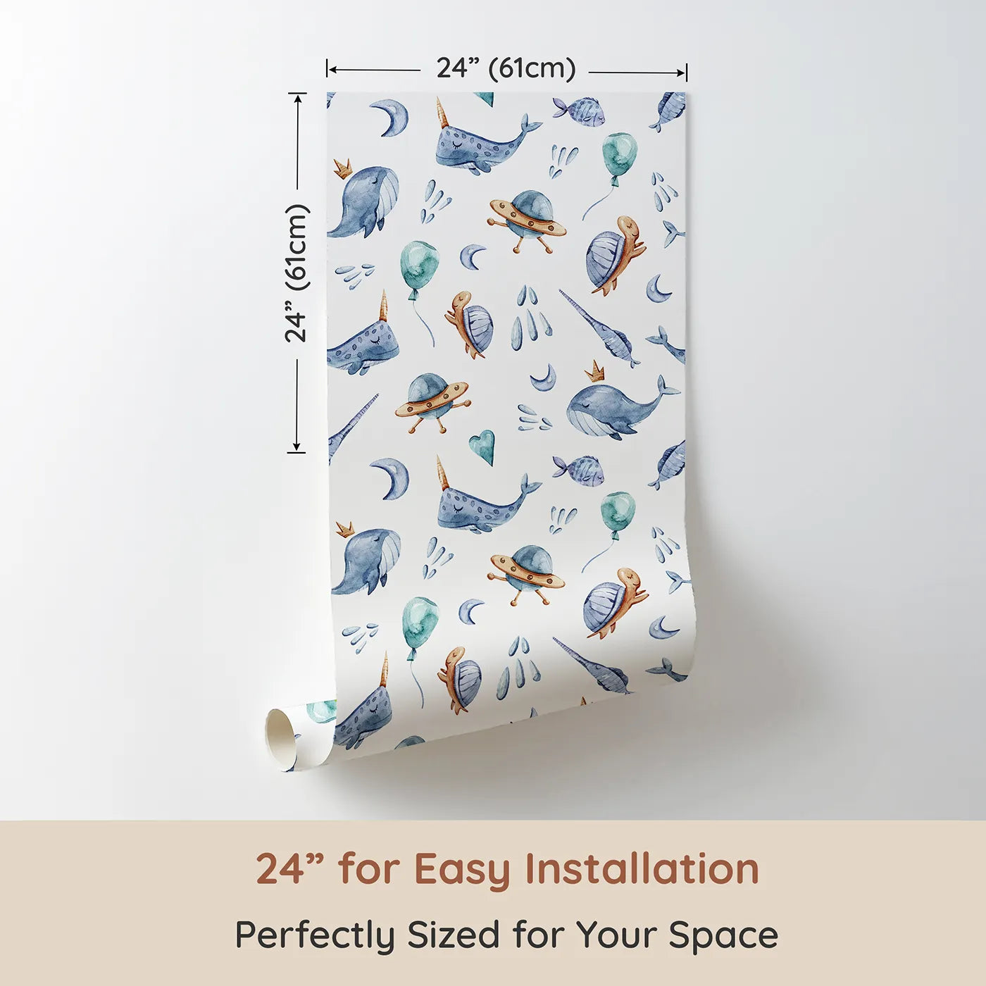 Dimension view of Whimsy Tots Ocean Galaxy Friends (W3343A). Printed in 24-inch-wide panel for easy installation. Whales, turtles, UFOs, and moons float together in dreamy delight.