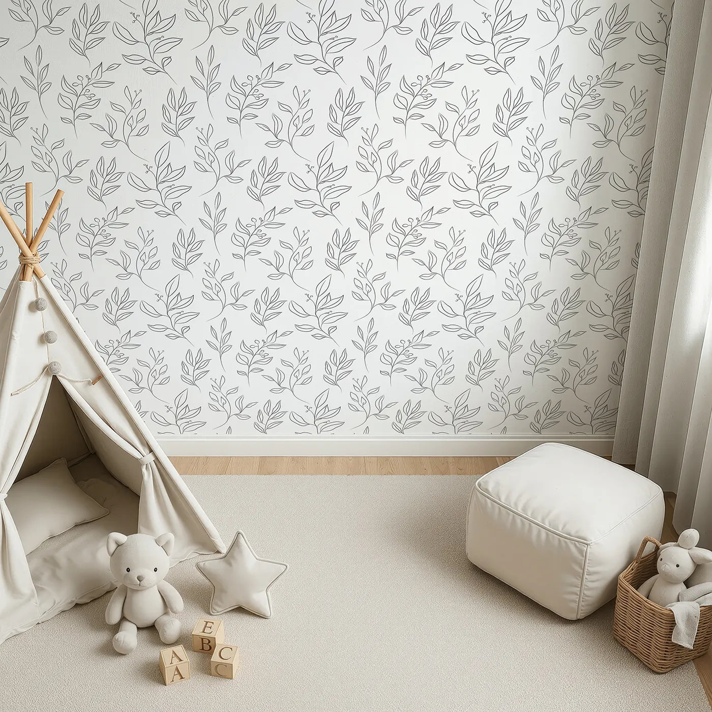 Top-Down view of Whimsy Tots' Botanical Sketch Garden in White (W3344A).A garden of fine-lined leaves flows gently across clean white skies.