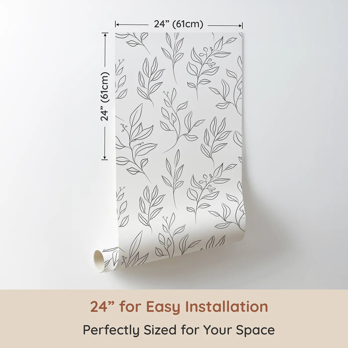 Dimension view of Whimsy Tots Botanical Sketch Garden in White (W3344A). Printed in 24-inch-wide panel for easy installation. A garden of fine-lined leaves flows gently across clean white skies.