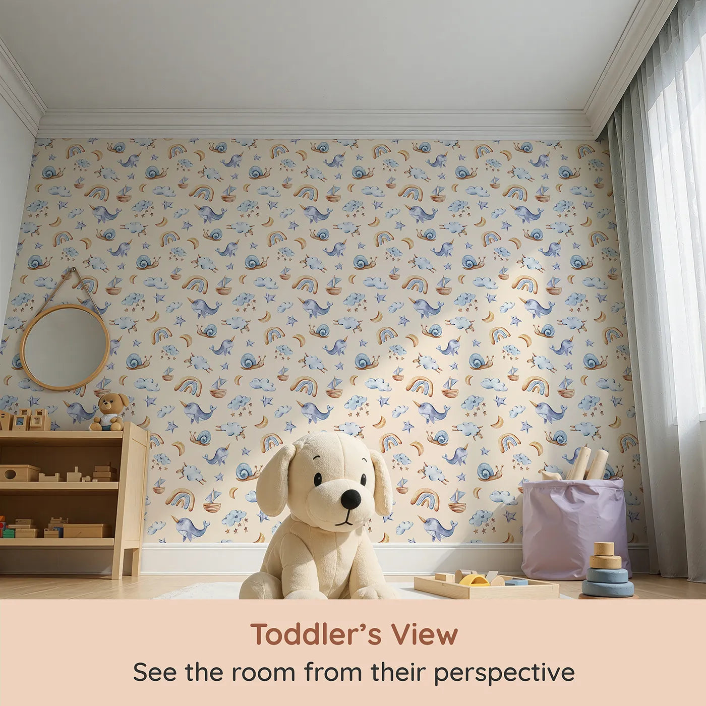 Whimsy Tots Sleepy Sky Parade in Beige (W3345C) from your child's view.Whimsical sheep, narwhals, and stars float gently across a creamy beige sky.