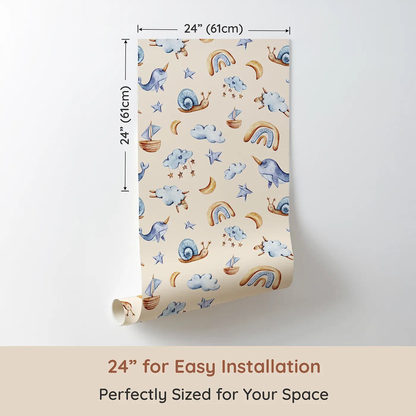 Dimension view of Whimsy Tots Sleepy Sky Parade in Beige (W3345C). Printed in 24-inch-wide panel for easy installation. Whimsical sheep, narwhals, and stars float gently across a creamy beige sky.