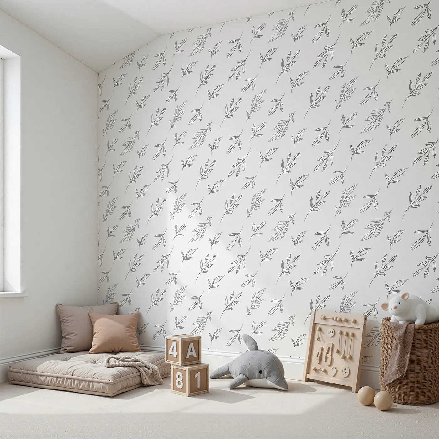 Angled view of Whimsy Tots' Line Art Leaf Dance Wallpaper in White (W3346A).Fine‑line leaves drift in calming rhythm.