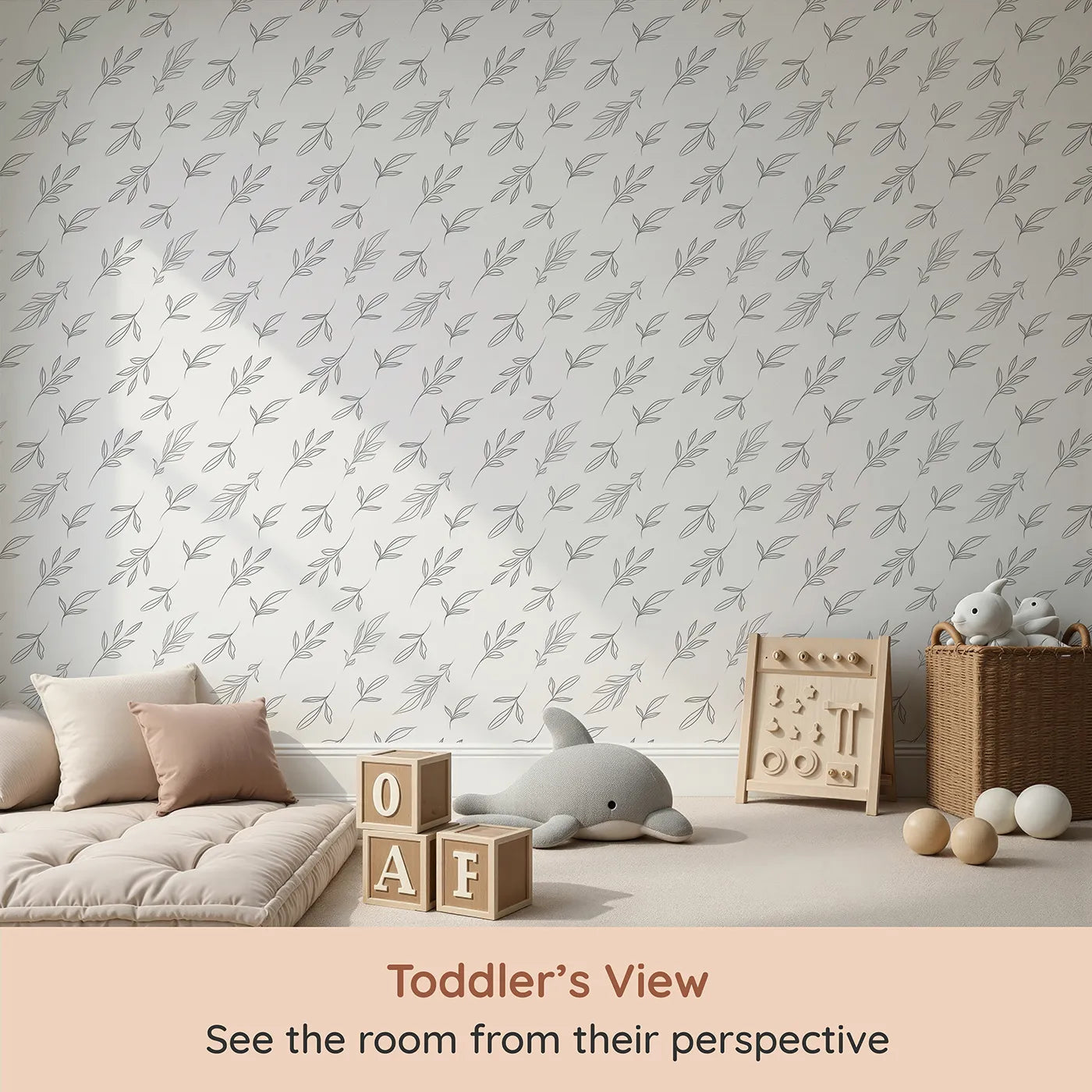 Whimsy Tots Line Art Leaf Dance Wallpaper in White (W3346A) from your child's view.Fine‑line leaves drift in calming rhythm.