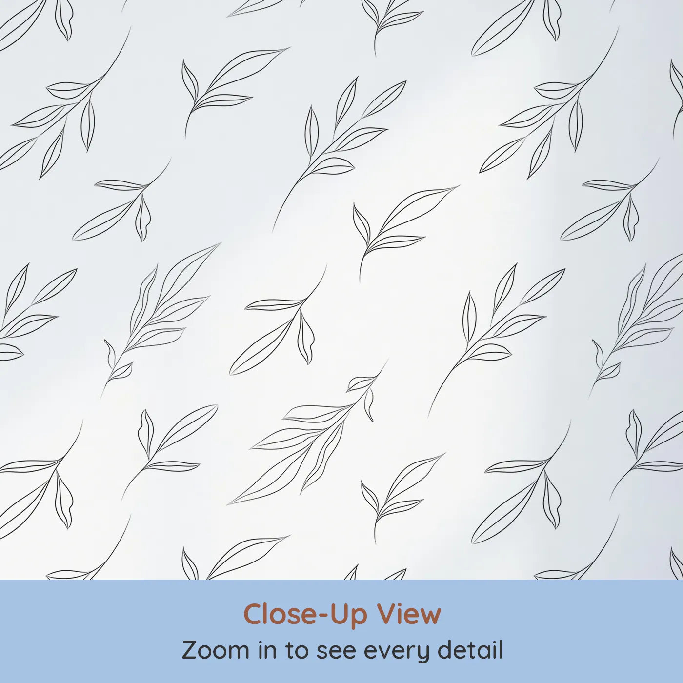 Close-up view of Whimsy Tots' Line Art Leaf Dance Wallpaper in White (W3346A).Fine‑line leaves drift in calming rhythm.