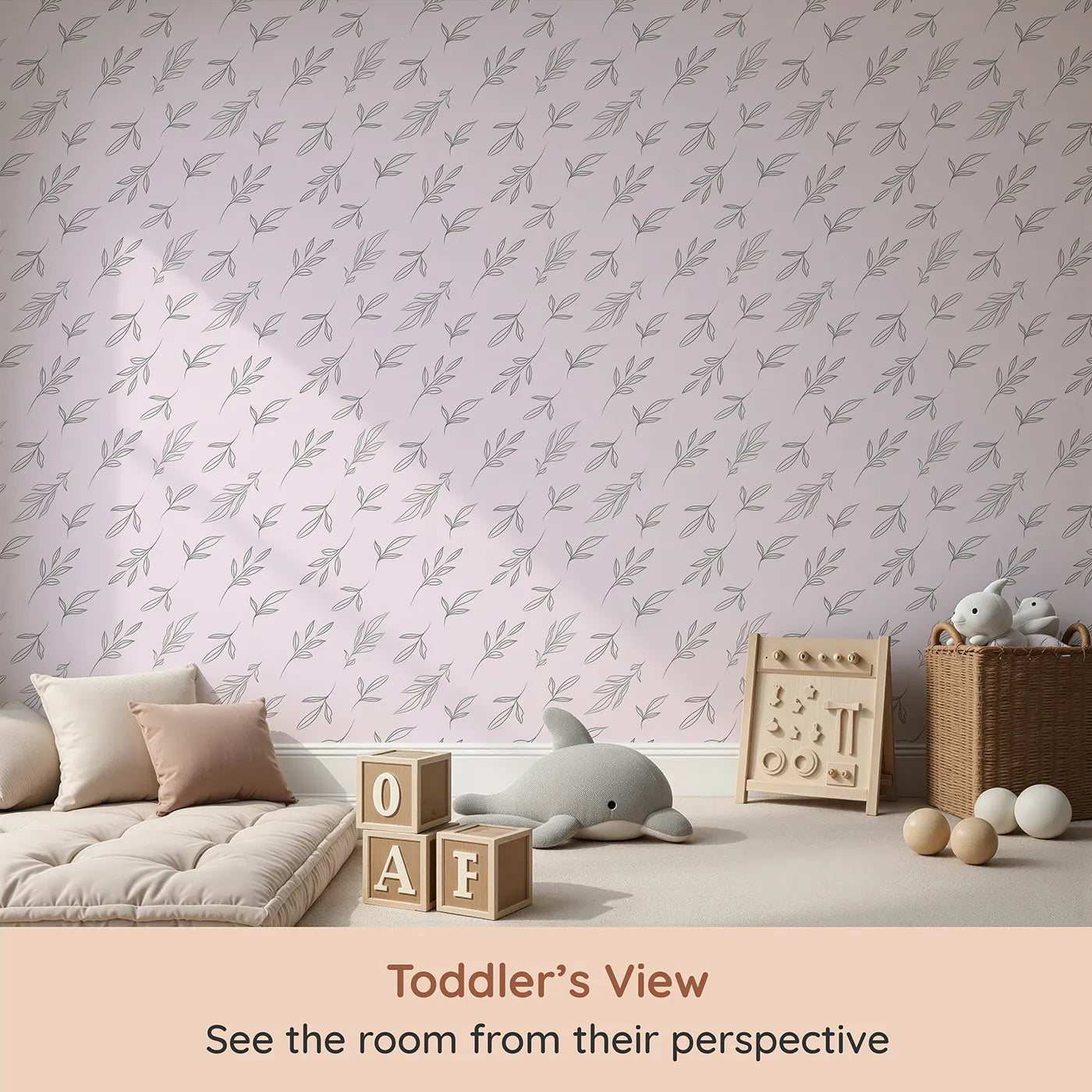 Whimsy Tots Line Art Leaf Dance Wallpaper in Blush Pink (W3346B) from your child's view.Fine‑line leaves drift in calming rhythm.