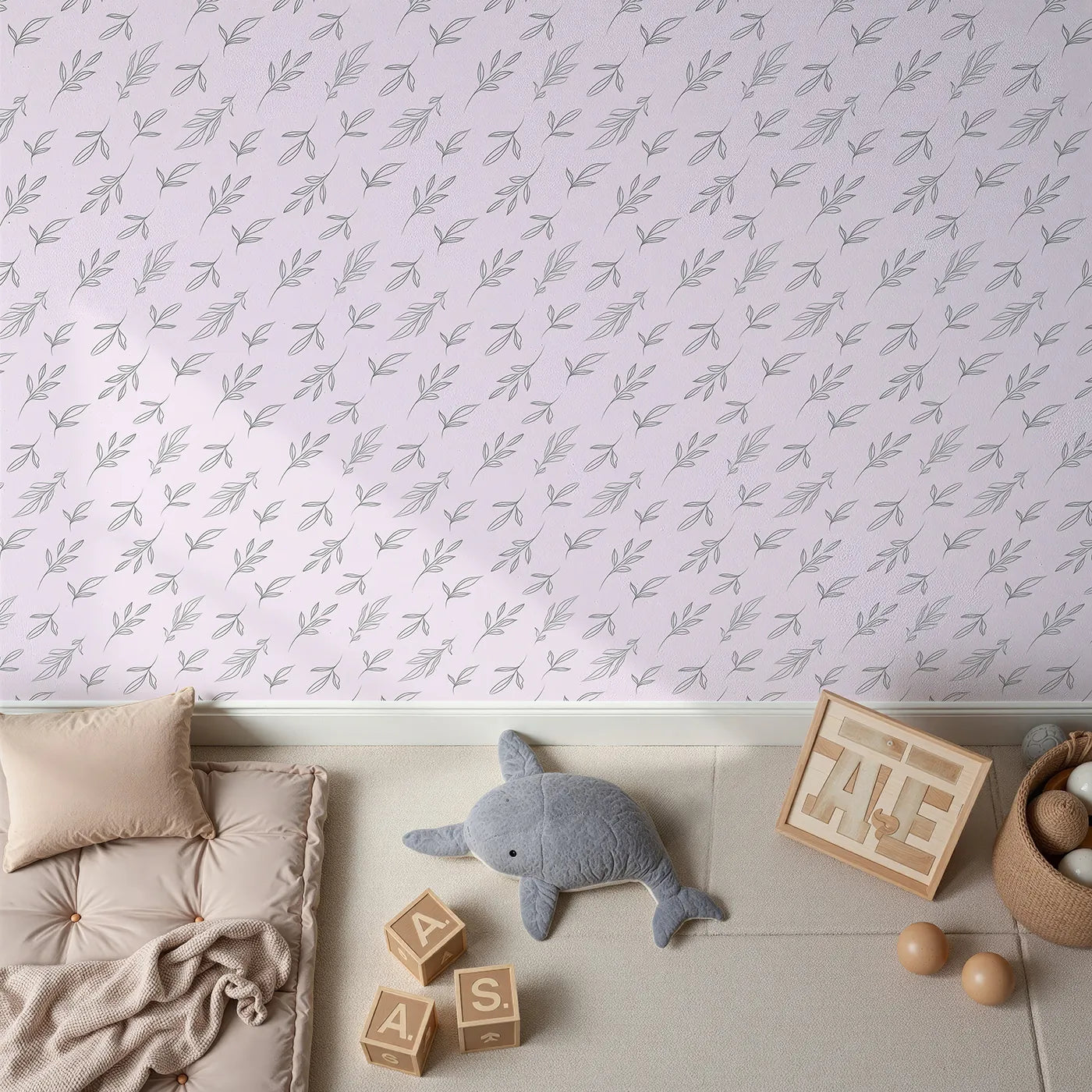Top-Down view of Whimsy Tots' Line Art Leaf Dance Wallpaper in Blush Pink (W3346B).Fine‑line leaves drift in calming rhythm.