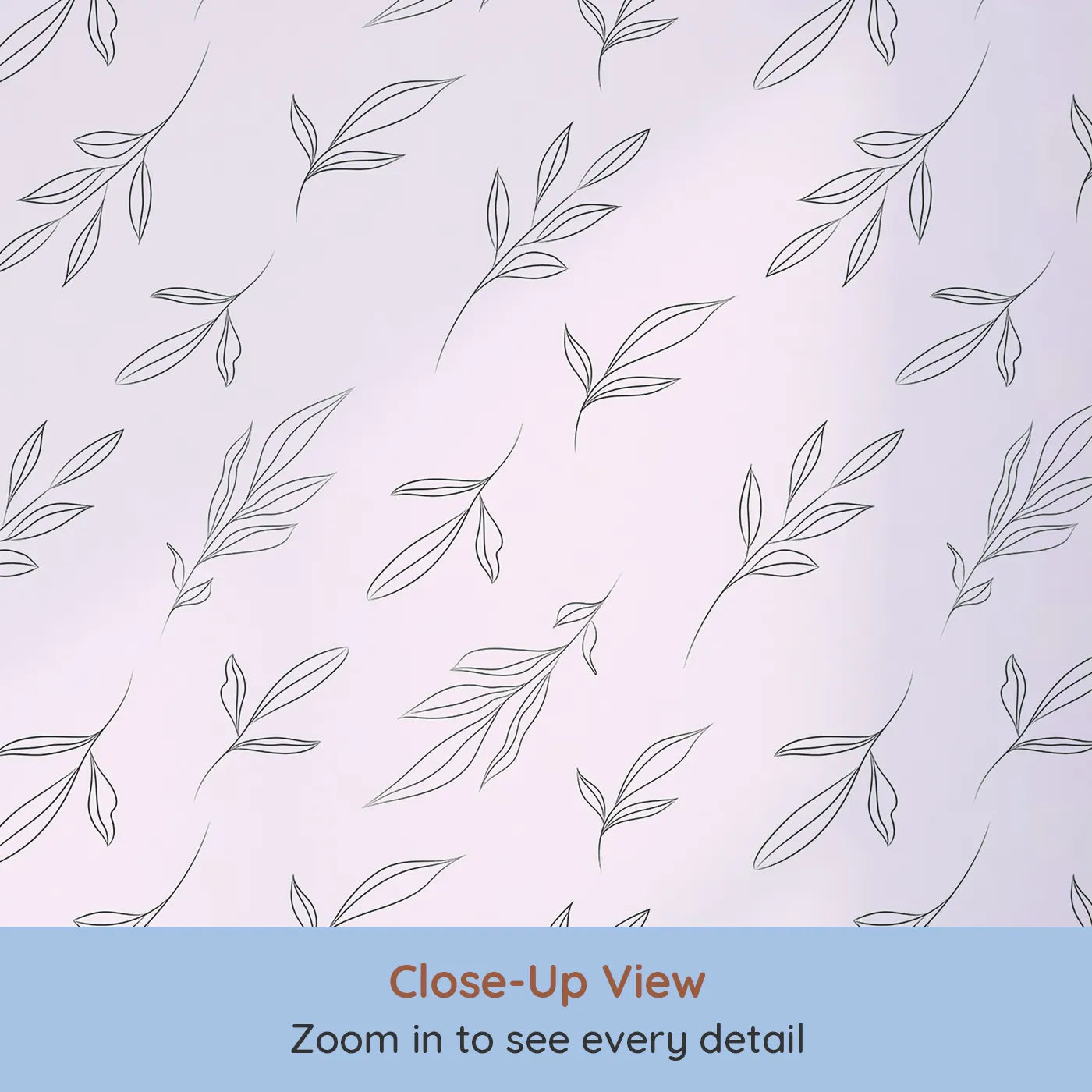 Close-up view of Whimsy Tots' Line Art Leaf Dance Wallpaper in Blush Pink (W3346B).Fine‑line leaves drift in calming rhythm.