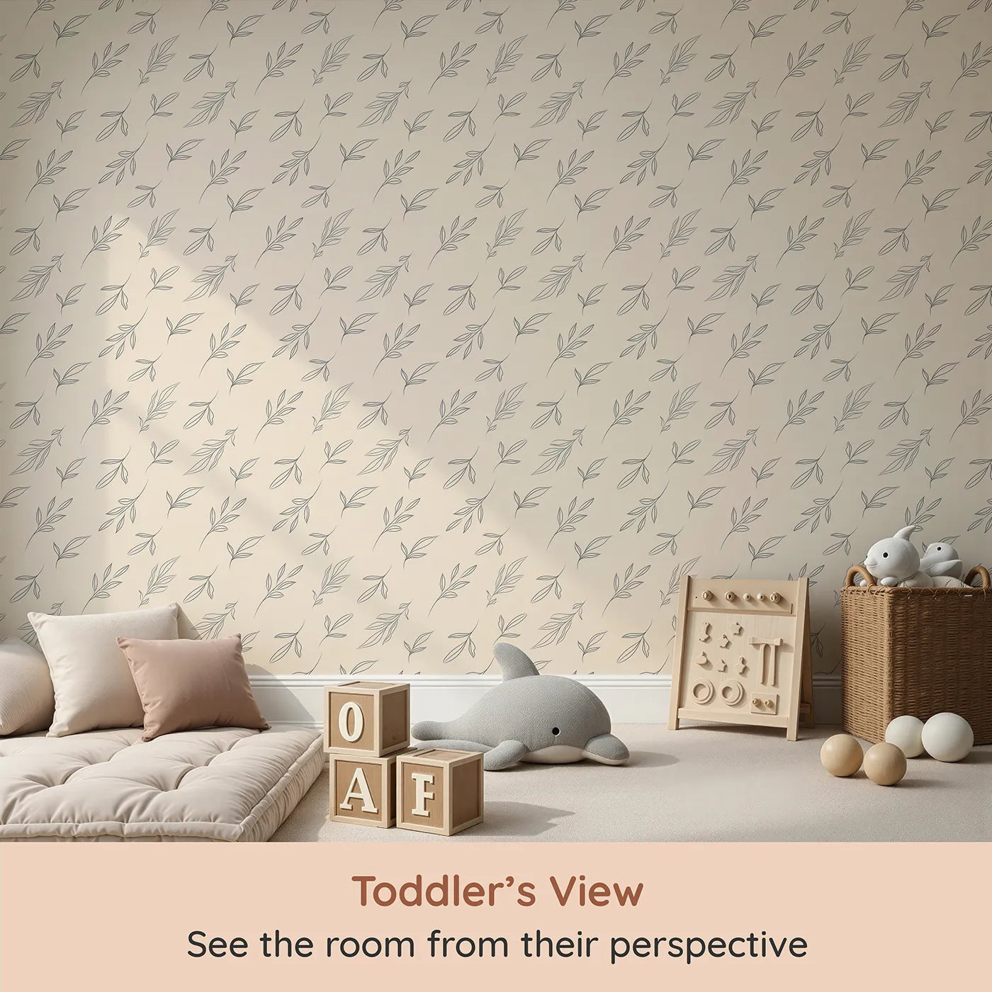 Whimsy Tots Line Art Leaf Dance Wallpaper in Beige (W3346C) from your child's view.Fine‑line leaves drift in calming rhythm.
