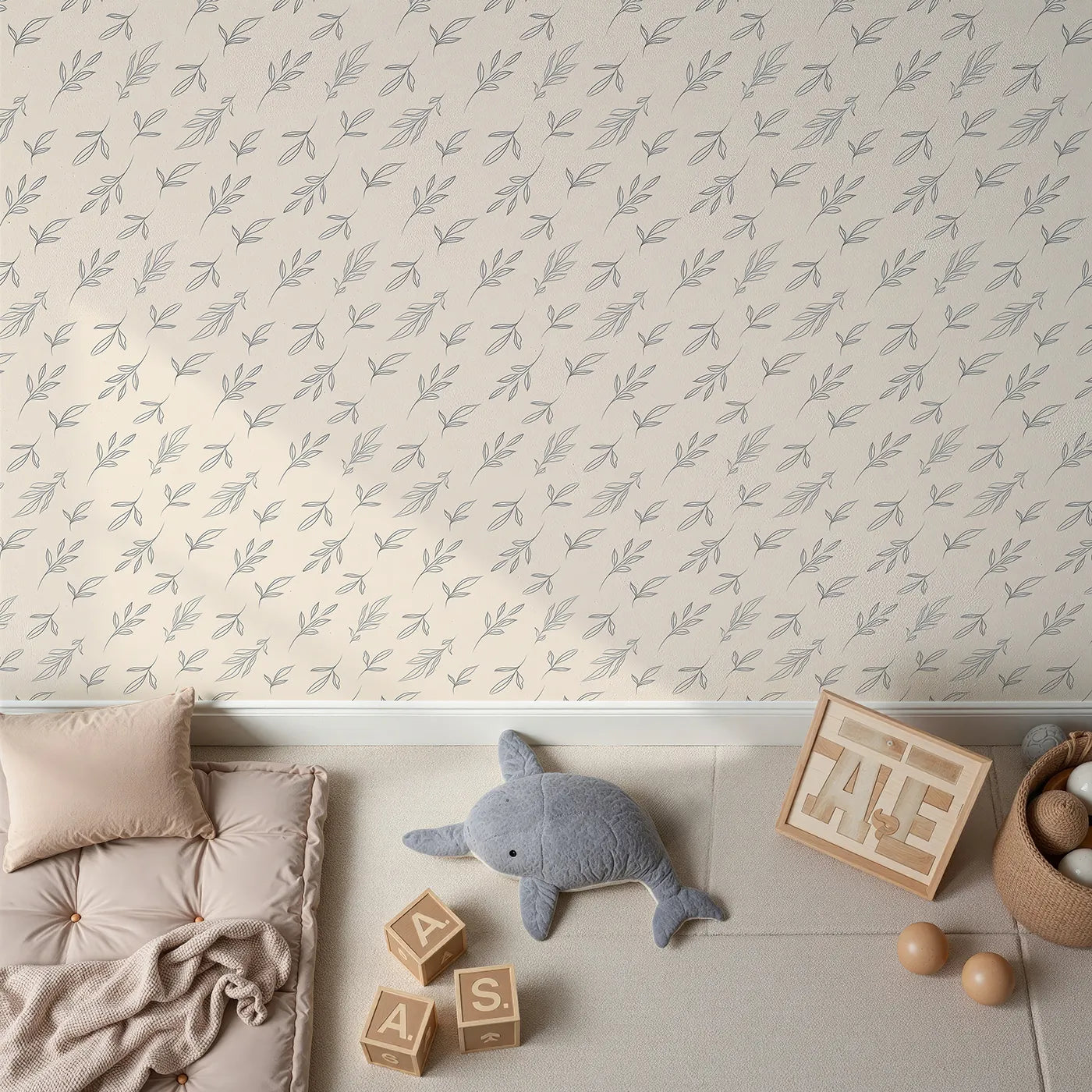 Top-Down view of Whimsy Tots' Line Art Leaf Dance Wallpaper in Beige (W3346C).Fine‑line leaves drift in calming rhythm.