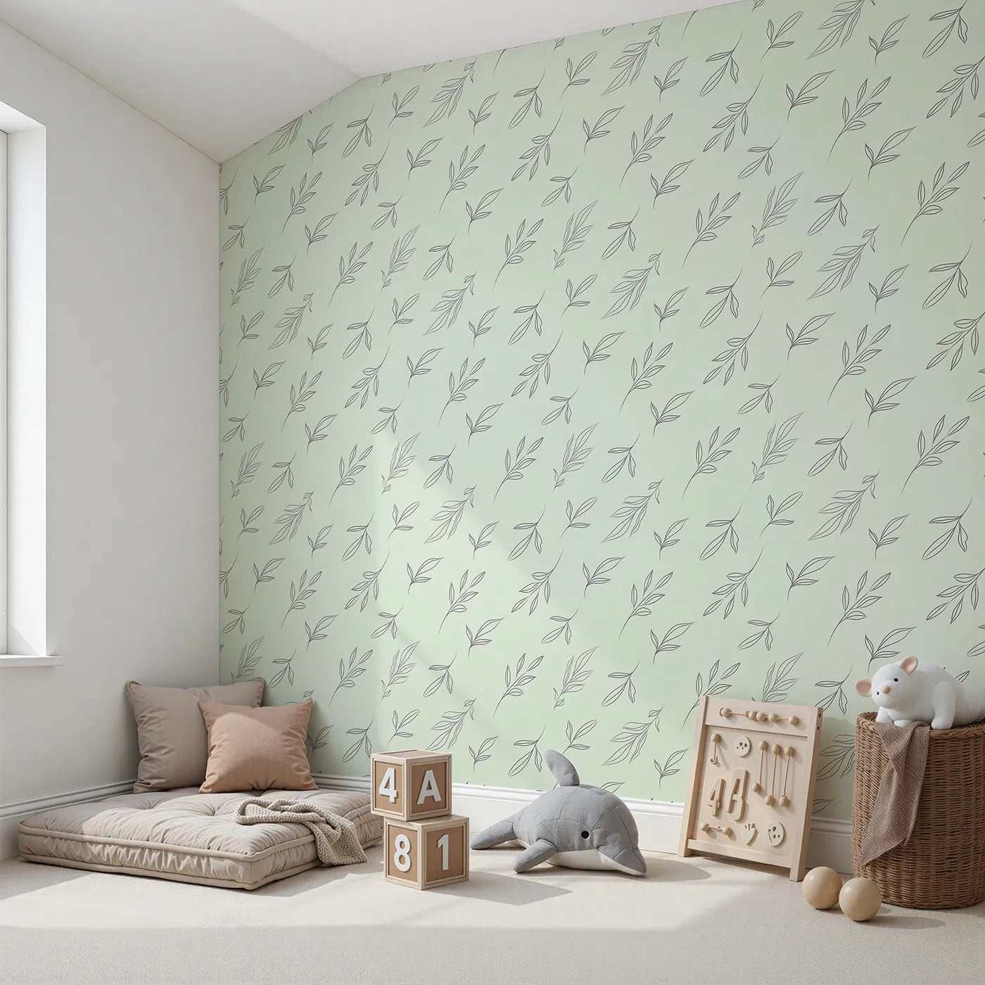 Angled view of Whimsy Tots' Line Art Leaf Dance Wallpaper in Mint Green (W3346D).Fine‑line leaves drift in calming rhythm.