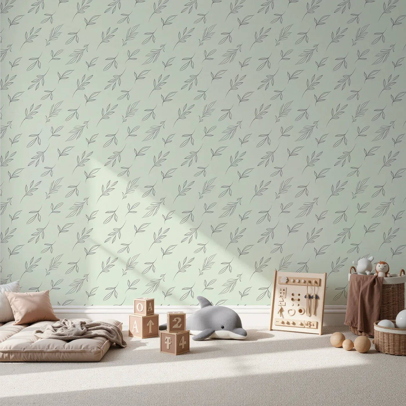 Front view of Whimsy Tots' Line Art Leaf Dance Wallpaper in Mint Green