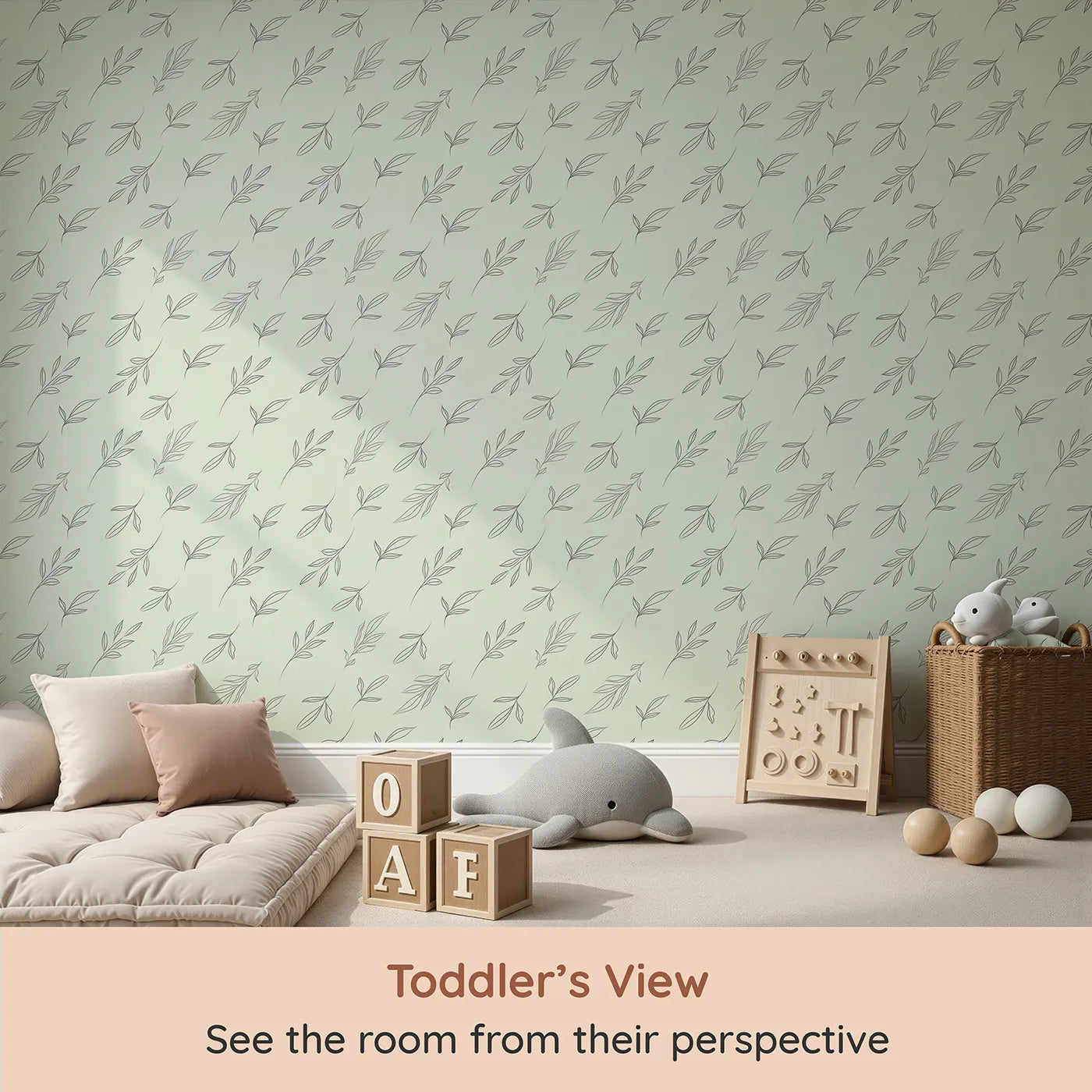 Whimsy Tots Line Art Leaf Dance Wallpaper in Mint Green (W3346D) from your child's view.Fine‑line leaves drift in calming rhythm.