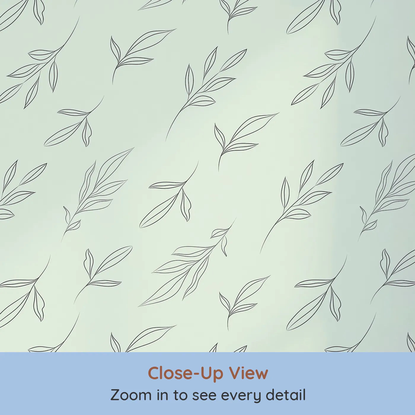Close-up view of Whimsy Tots' Line Art Leaf Dance Wallpaper in Mint Green (W3346D).Fine‑line leaves drift in calming rhythm.