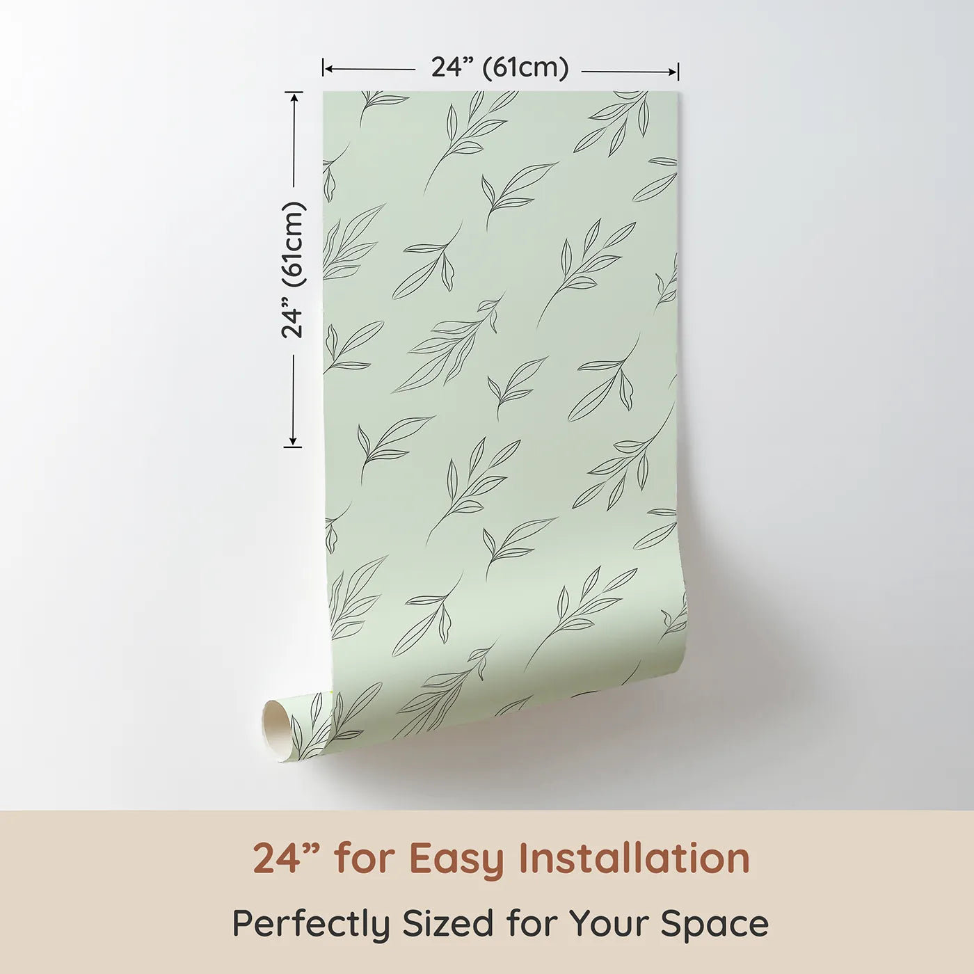Dimension view of Whimsy Tots Line Art Leaf Dance Wallpaper in Mint Green (W3346D). Printed in 24-inch-wide panel for easy installation. Fine‑line leaves drift in calming rhythm.