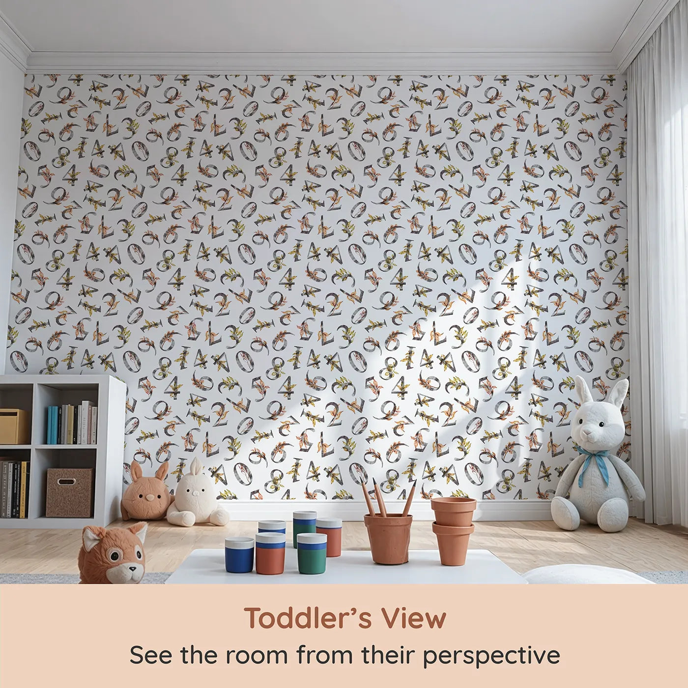 Whimsy Tots Botanical Numbers Garden in White (W3348A) from your child's view.Watercolor numbers bloom with leafy charm on clean white skies.