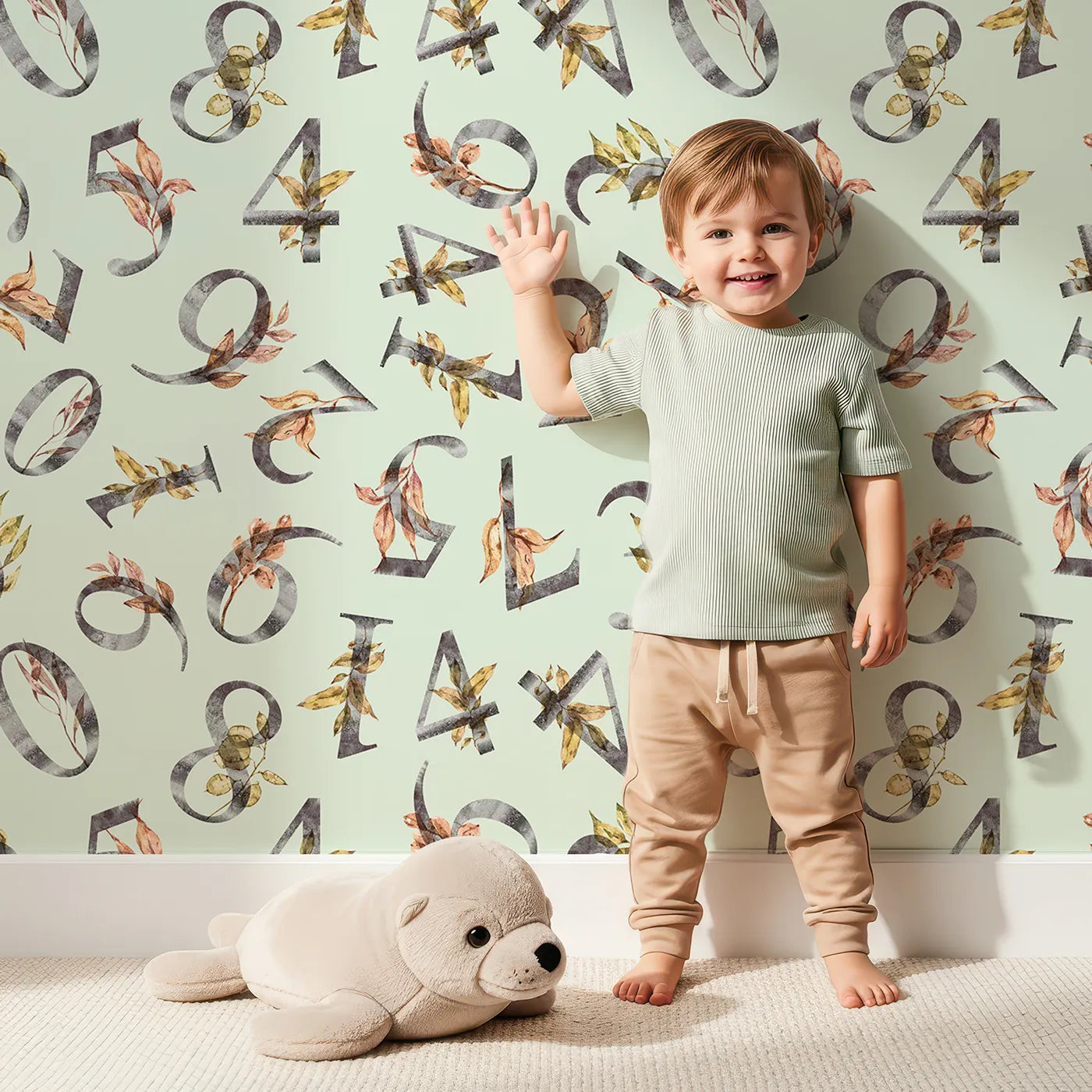 Lovely child standing in front of Whimsy Tots Botanical Numbers Garden in Mint Green with number, leaf, branch, stem in design.