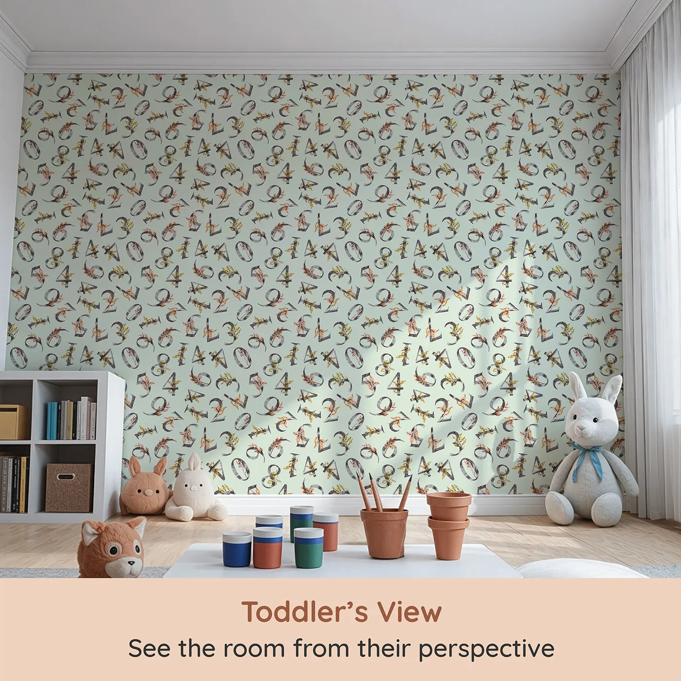 Whimsy Tots Botanical Numbers Garden in Mint Green (W3348D) from your child's view.Watercolor numbers and leaves drift across a soft minty breeze.