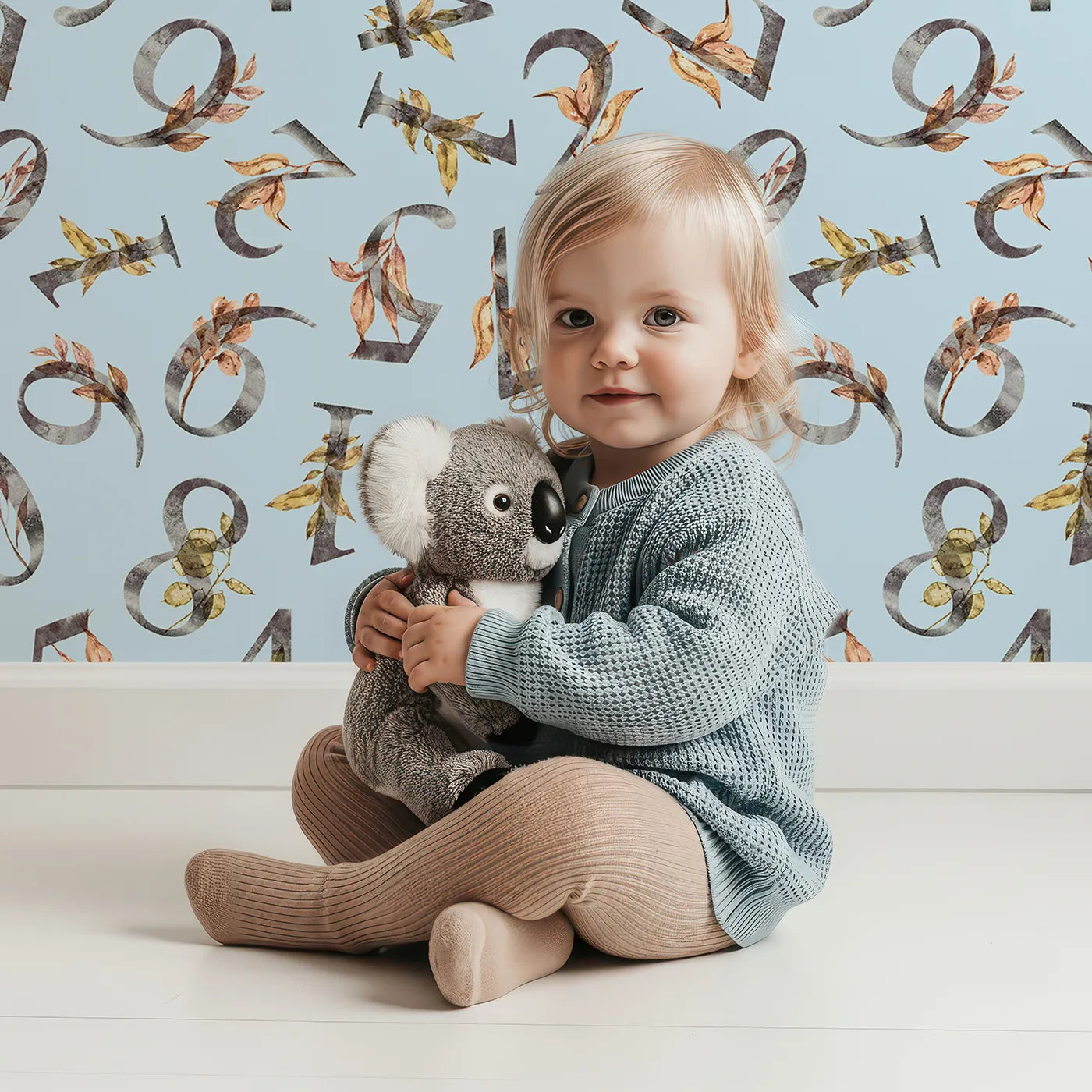 Lovely child standing in front of Whimsy Tots Botanical Numbers Garden in Blue with number, leaf, branch, stem in design.