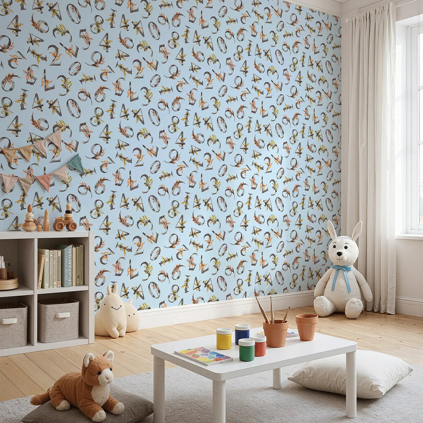 Angled view of Whimsy Tots' Botanical Numbers Garden in Blue (W3348E).Soft watercolor digits bloom gently over a calming sky-blue field.