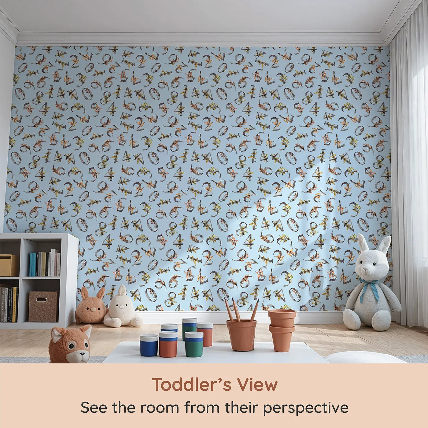 Whimsy Tots Botanical Numbers Garden in Blue (W3348E) from your child's view.Soft watercolor digits bloom gently over a calming sky-blue field.