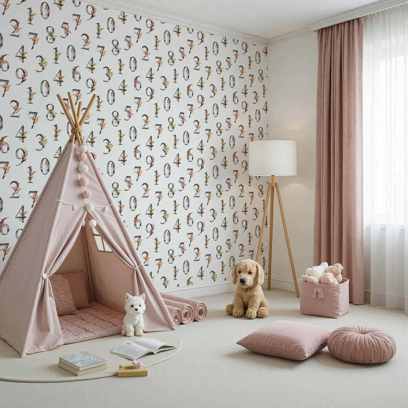 Angled view of Whimsy Tots' Botanical Numbers Grid in White (W3349A).Structured numbers bloom with leafy charm on bright white skies.