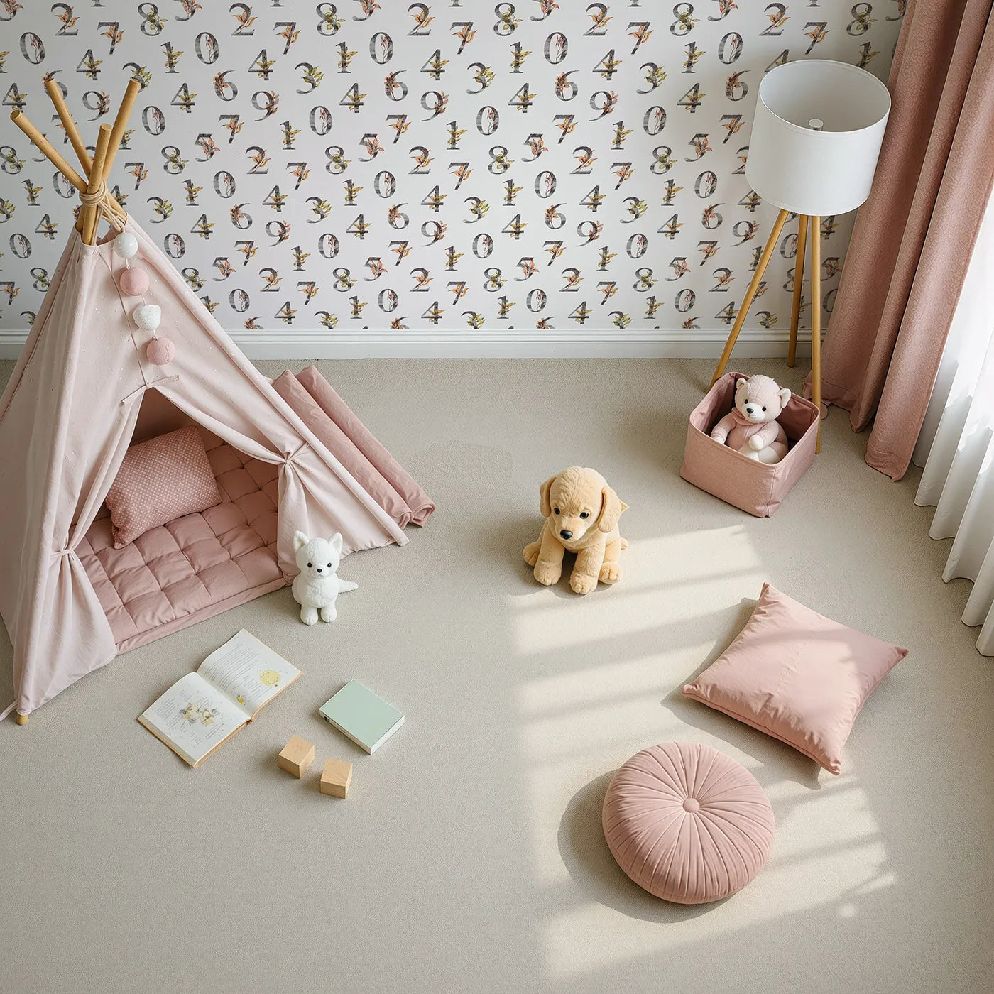Top-Down view of Whimsy Tots' Botanical Numbers Grid in White (W3349A).Structured numbers bloom with leafy charm on bright white skies.