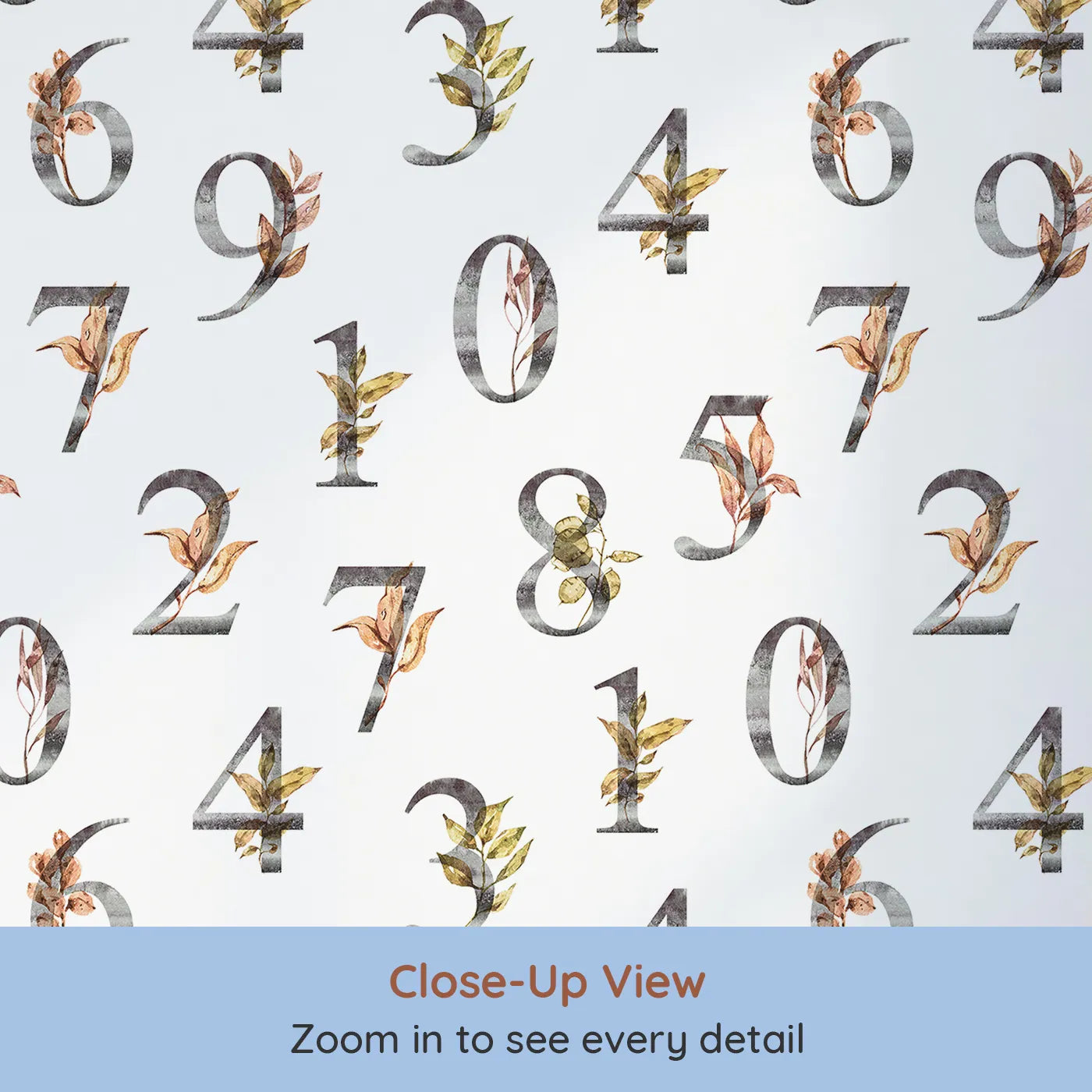 Close-up view of Whimsy Tots' Botanical Numbers Grid in White (W3349A).Structured numbers bloom with leafy charm on bright white skies.