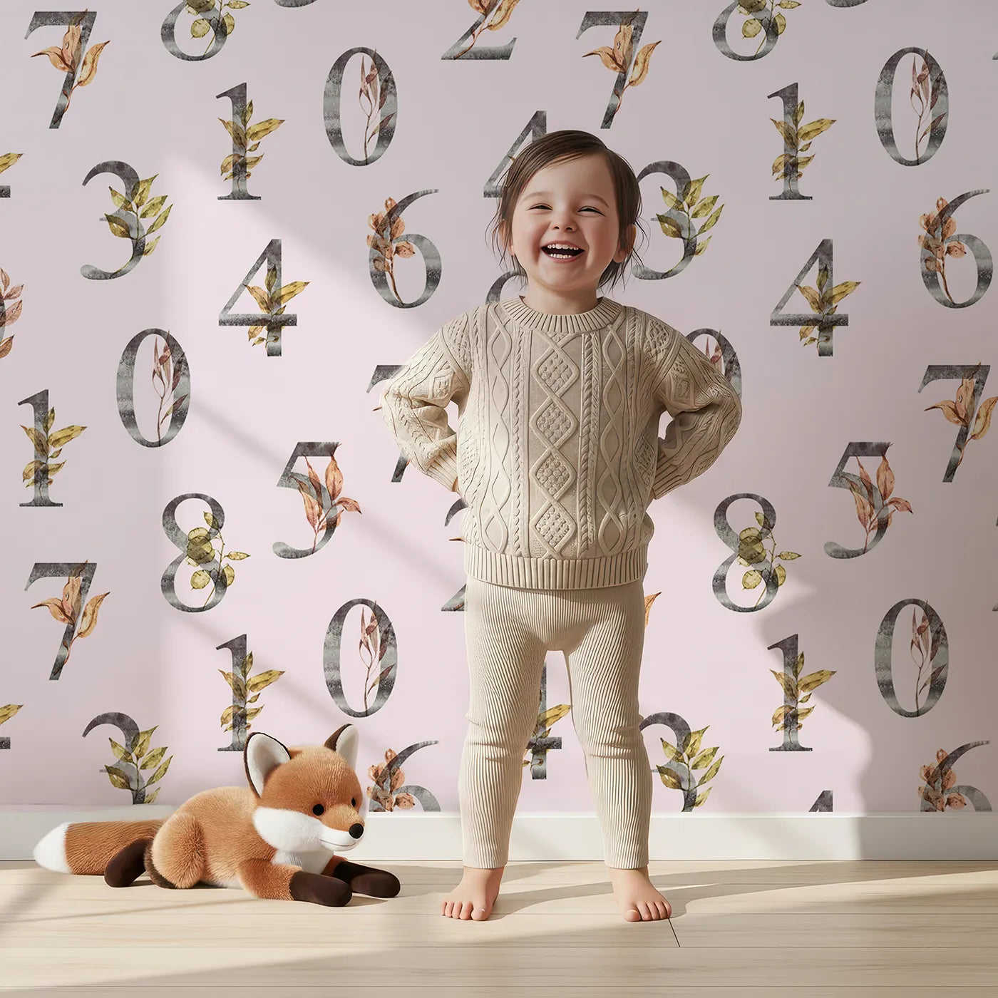 Lovely child standing in front of Whimsy Tots Botanical Numbers Grid in Blush Pink with number, leaf, branch, stem in design.