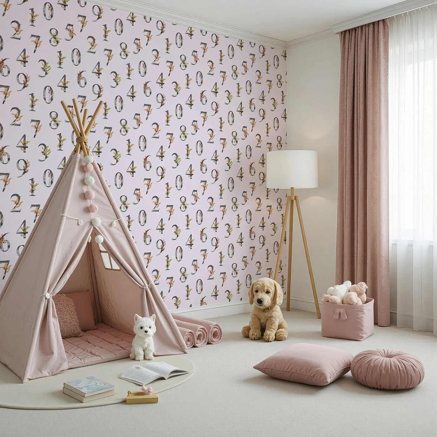 Angled view of Whimsy Tots' Botanical Numbers Grid in Blush Pink (W3349B).Softly structured numbers bloom over a calming blush sky.