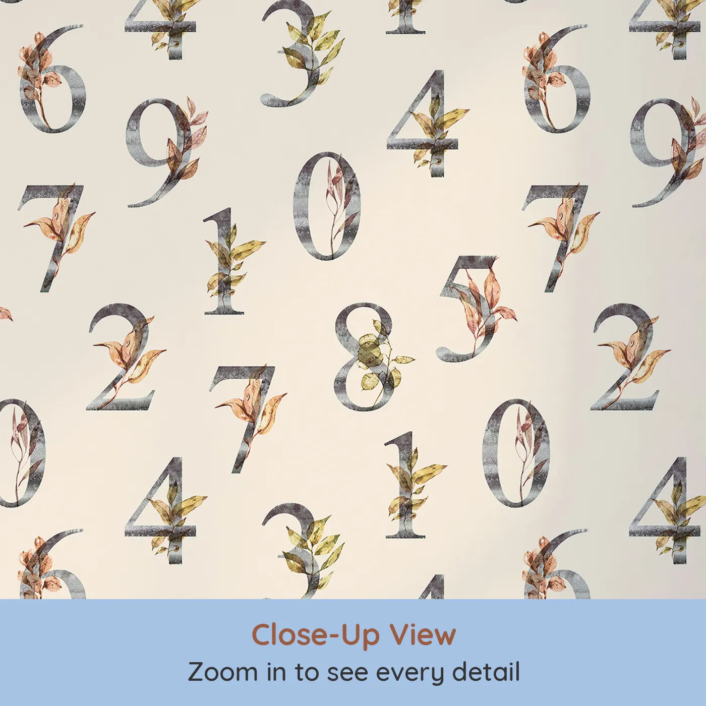 Close-up view of Whimsy Tots' Botanical Numbers Grid in Sand (W3349C).Watercolor numbers bloom softly across a warm sand canvas.