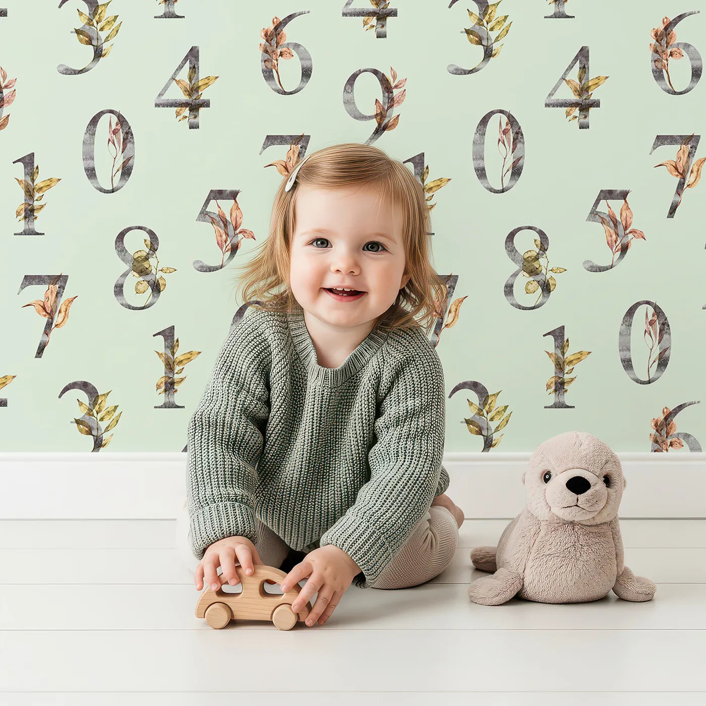 Lovely child standing in front of Whimsy Tots Botanical Numbers Grid in Mint Green with number, leaf, branch, stem in design.