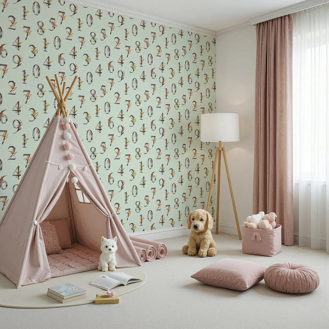 Angled view of Whimsy Tots' Botanical Numbers Grid in Mint Green (W3349D).Leafy numerals bloom gently across a soft mint background.