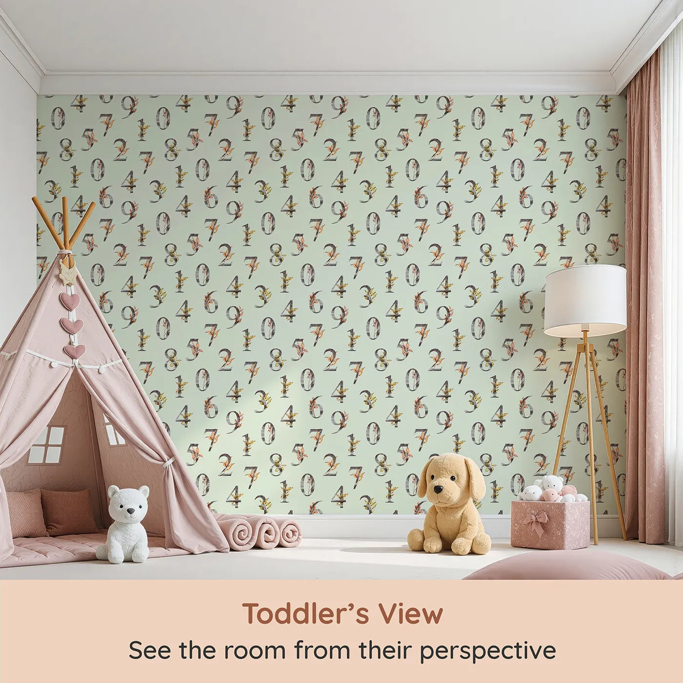 Whimsy Tots Botanical Numbers Grid in Mint Green (W3349D) from your child's view.Leafy numerals bloom gently across a soft mint background.