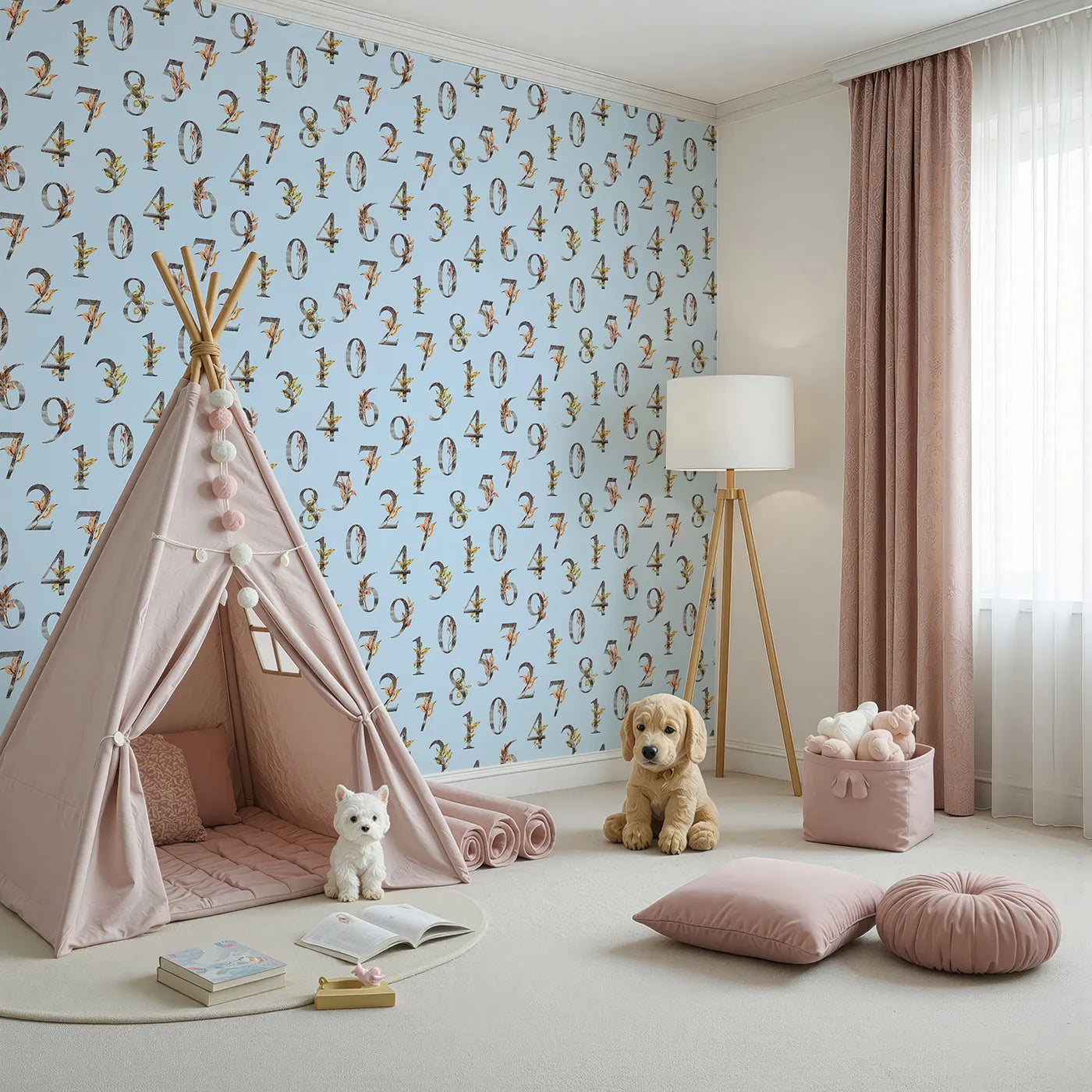 Angled view of Whimsy Tots' Botanical Numbers Grid in Blue (W3349E).Cool-toned numbers bloom with leafy beauty on sky-blue skies.