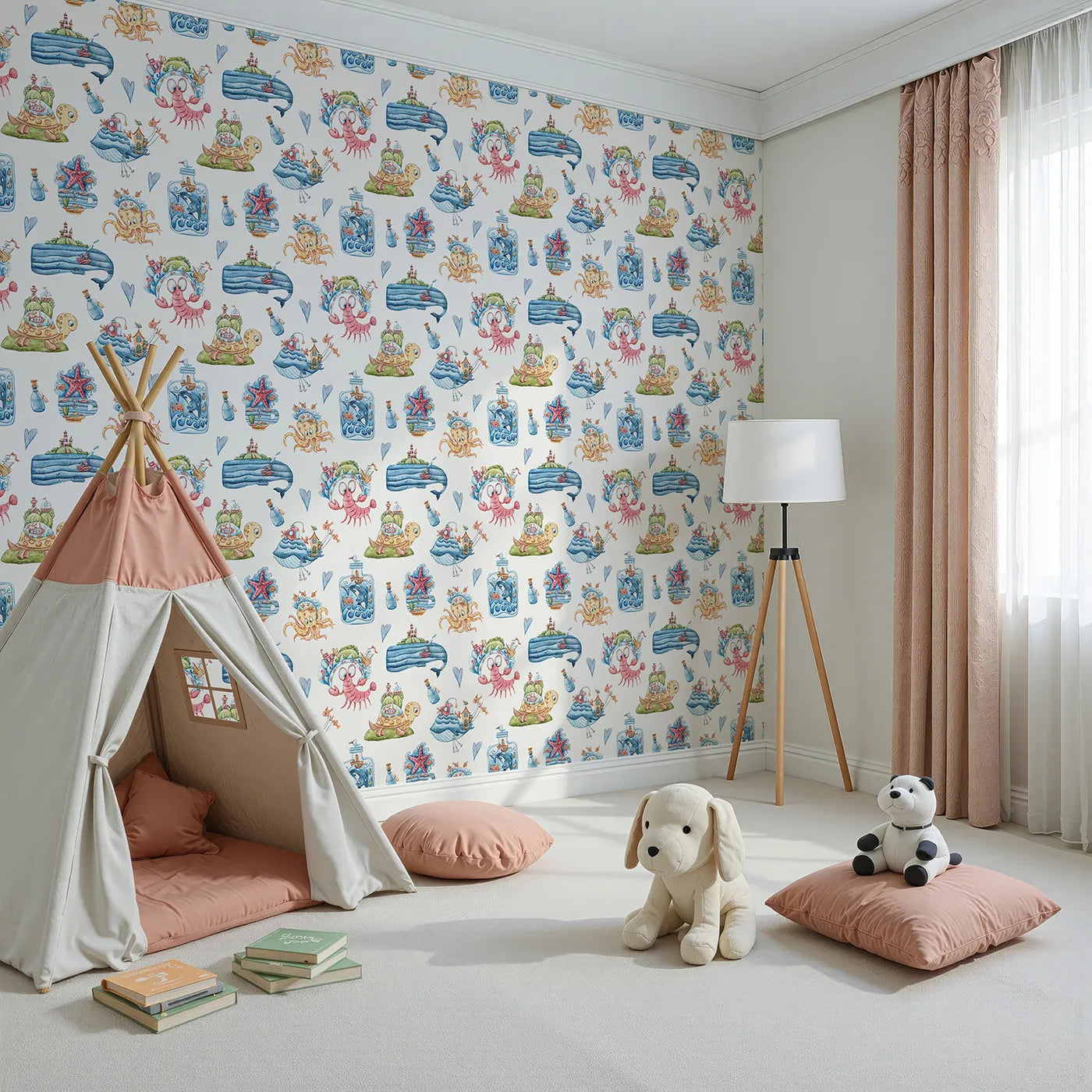 Angled view of Whimsy Tots' Seaside Story Friends in White (W3350A).Happy sea creatures and floating islands fill their room with joy.