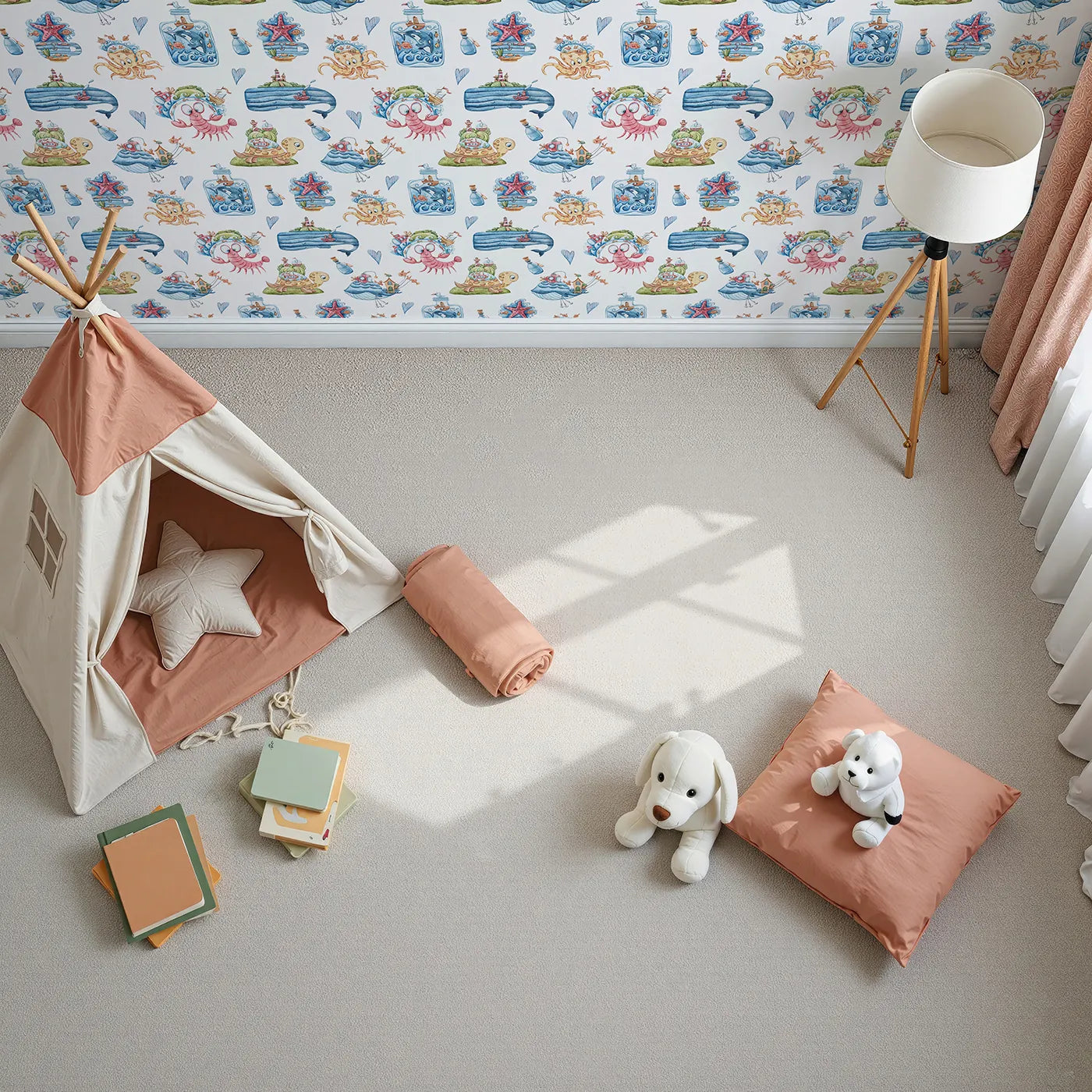 Top-Down view of Whimsy Tots' Seaside Story Friends in White (W3350A).Happy sea creatures and floating islands fill their room with joy.