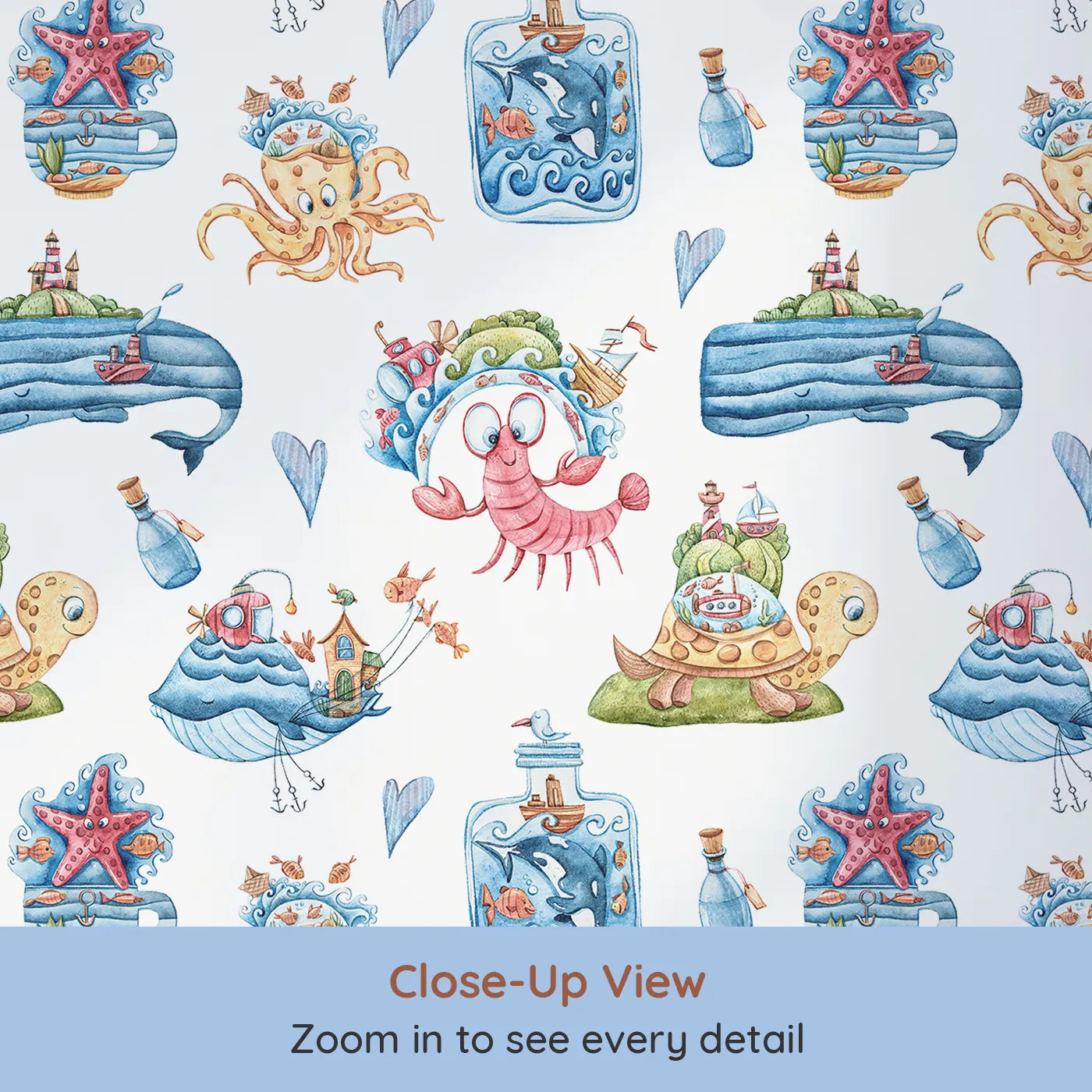 Close-up view of Whimsy Tots' Seaside Story Friends in White (W3350A).Happy sea creatures and floating islands fill their room with joy.