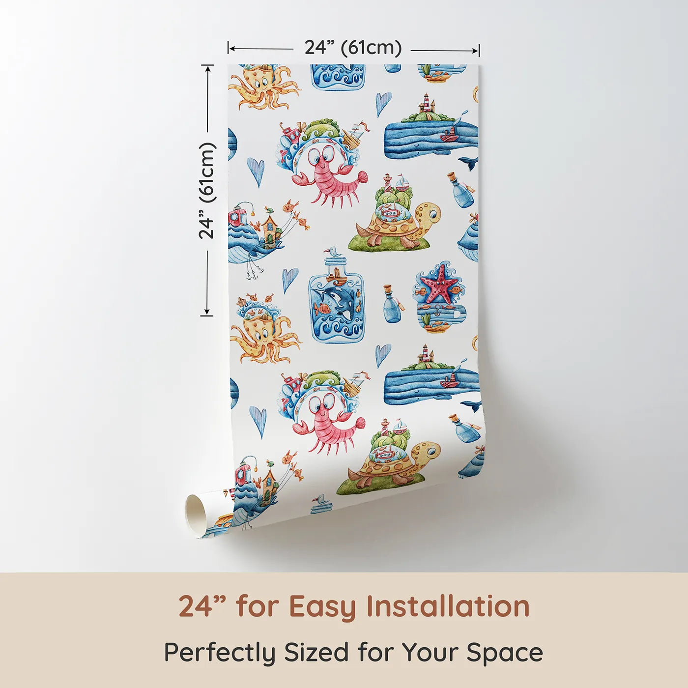 Dimension view of Whimsy Tots Seaside Story Friends in White (W3350A). Printed in 24-inch-wide panel for easy installation. Happy sea creatures and floating islands fill their room with joy.